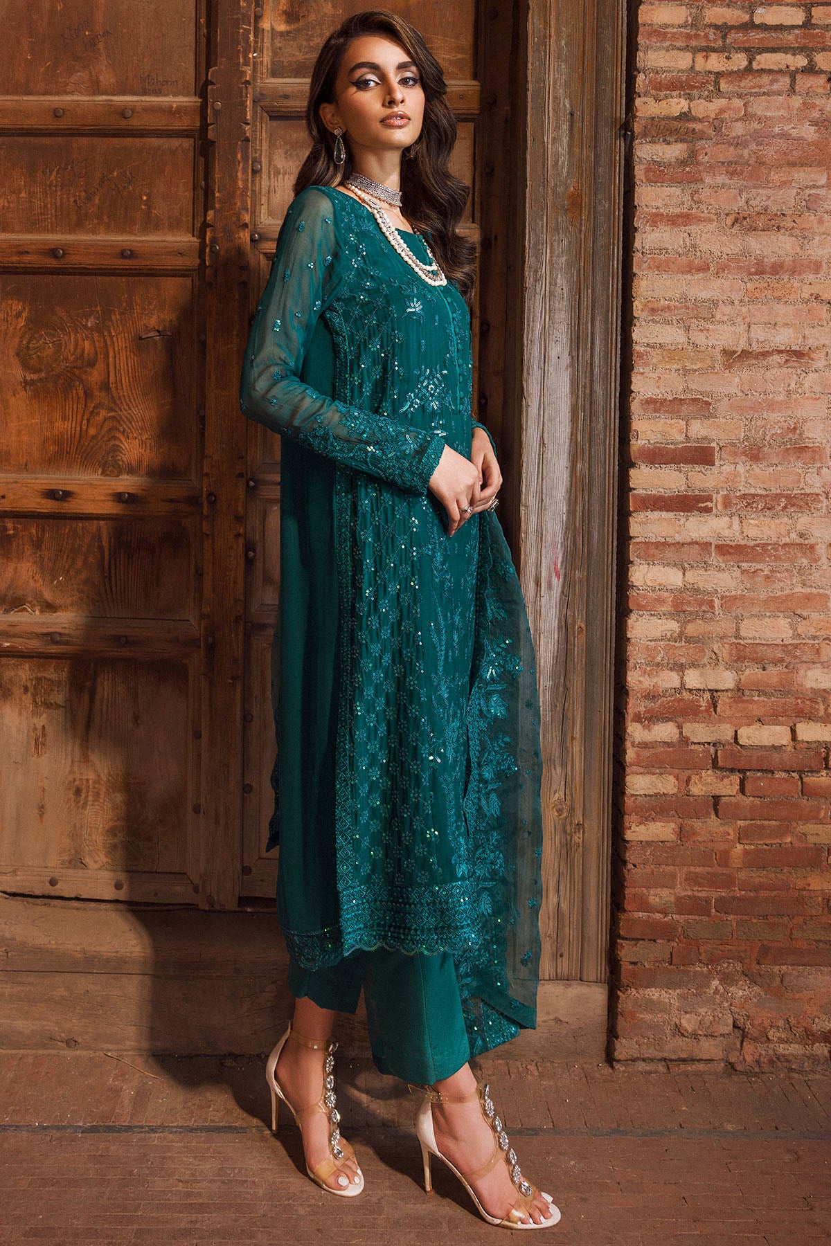 Teal Embroidered Crinkle Chiffon Salwar Kameez (3-Piece) - Image 2