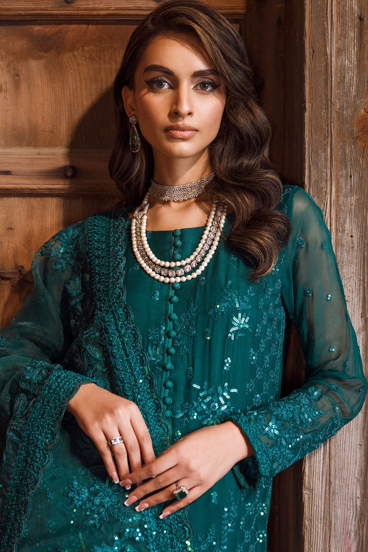 Teal Embroidered Crinkle Chiffon Salwar Kameez (3-Piece) - Image 3