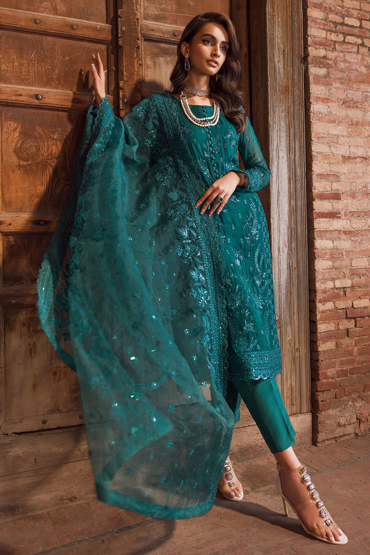 Teal Embroidered Crinkle Chiffon Salwar Kameez (3-Piece) - Image 4