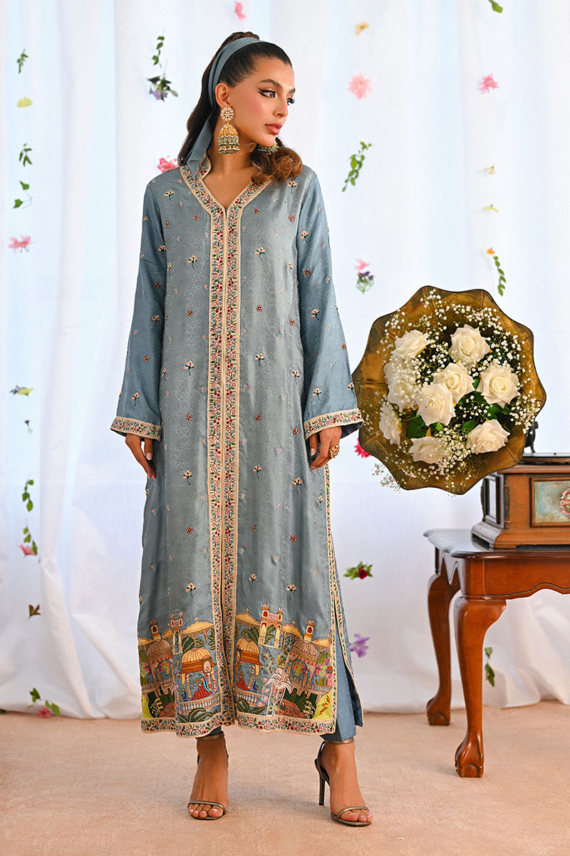 Teal Blue Kashmiri Embroidered Self-Jamavar Salwar Kameez (3-Piece) - Image 5