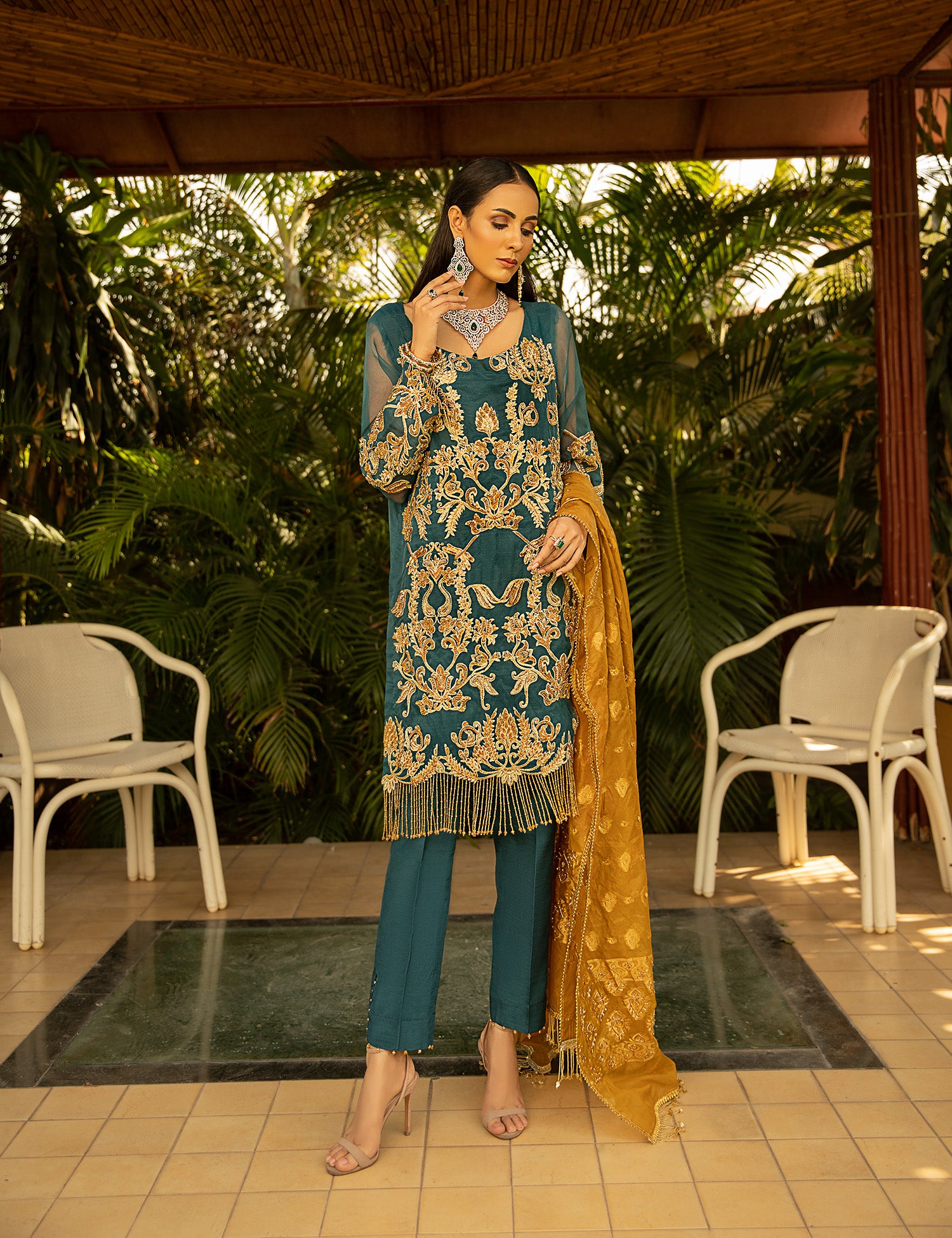 Pakistani Teal Blue Embroidered Organza Salwar Kameez (3-Piece) - Image 1