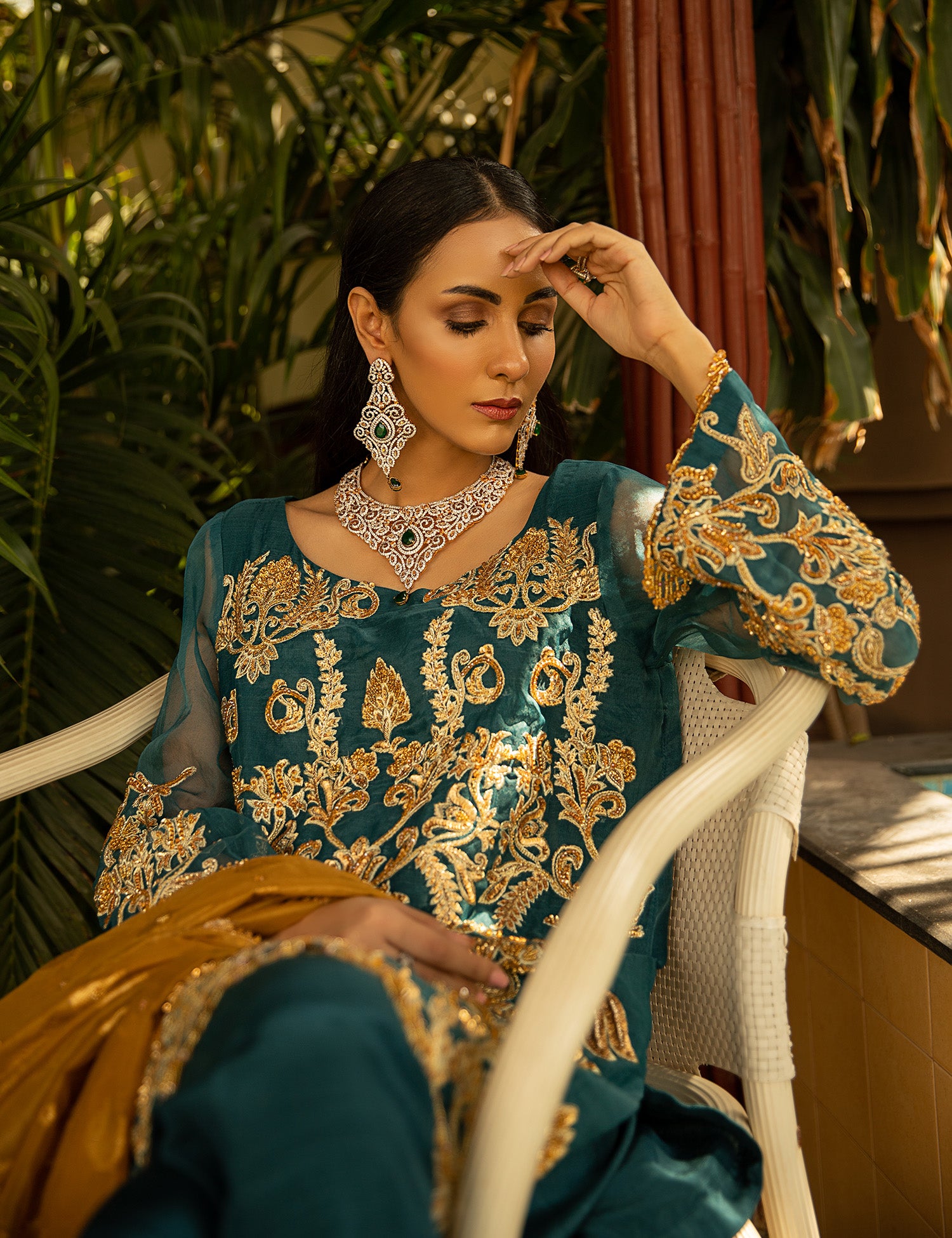 Pakistani Teal Blue Embroidered Organza Salwar Kameez (3-Piece) - Image 2