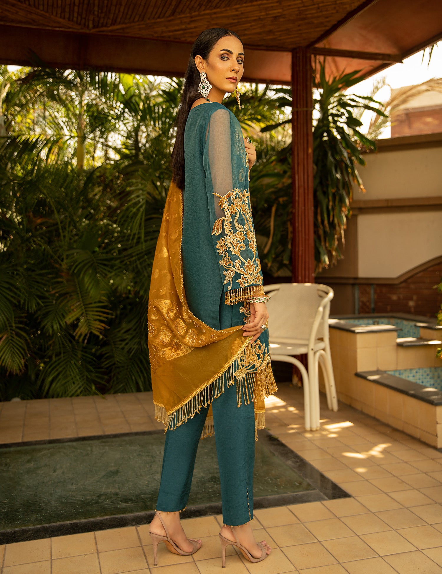 Pakistani Teal Blue Embroidered Organza Salwar Kameez (3-Piece) - Image 3