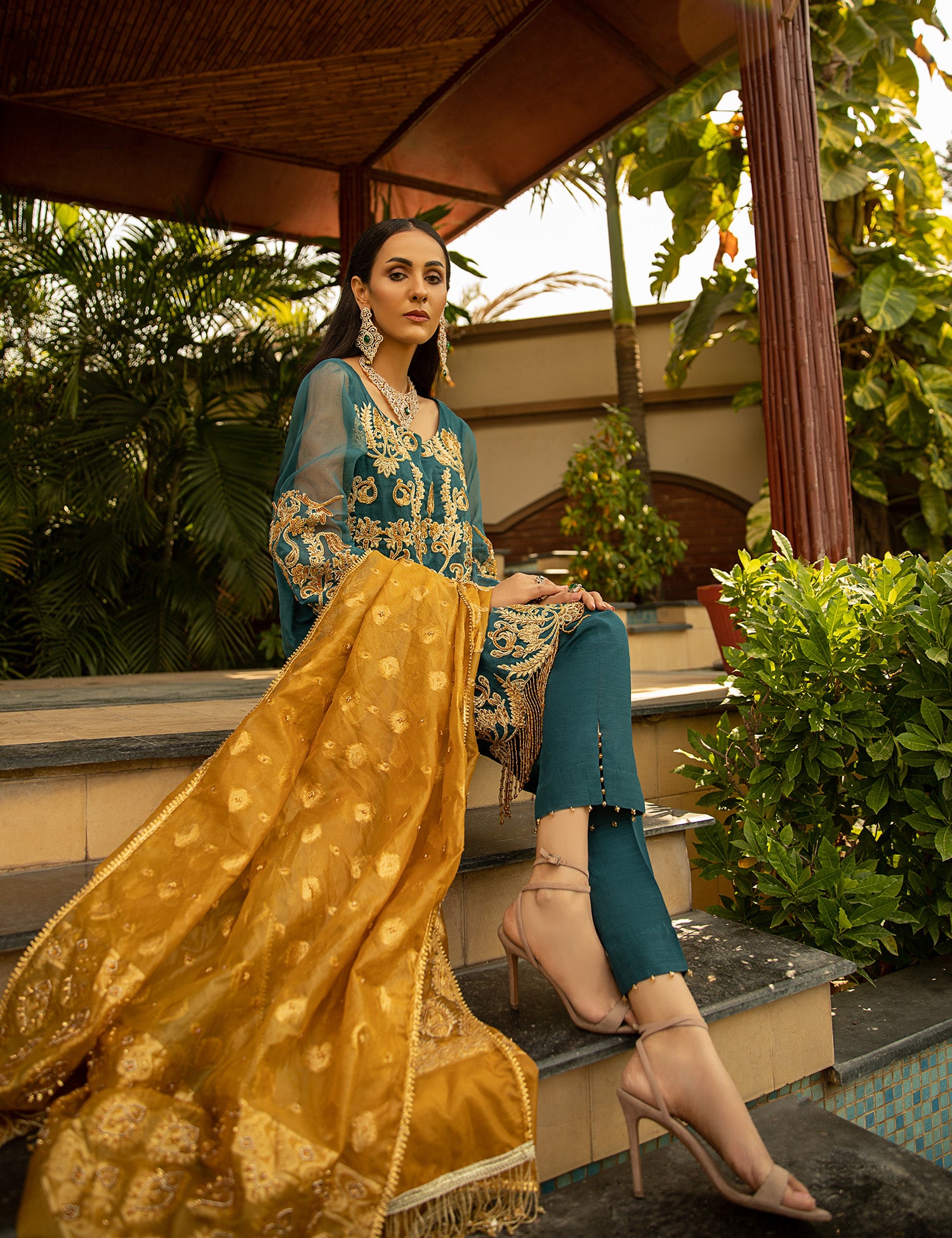 Pakistani Teal Blue Embroidered Organza Salwar Kameez (3-Piece) - Image 4