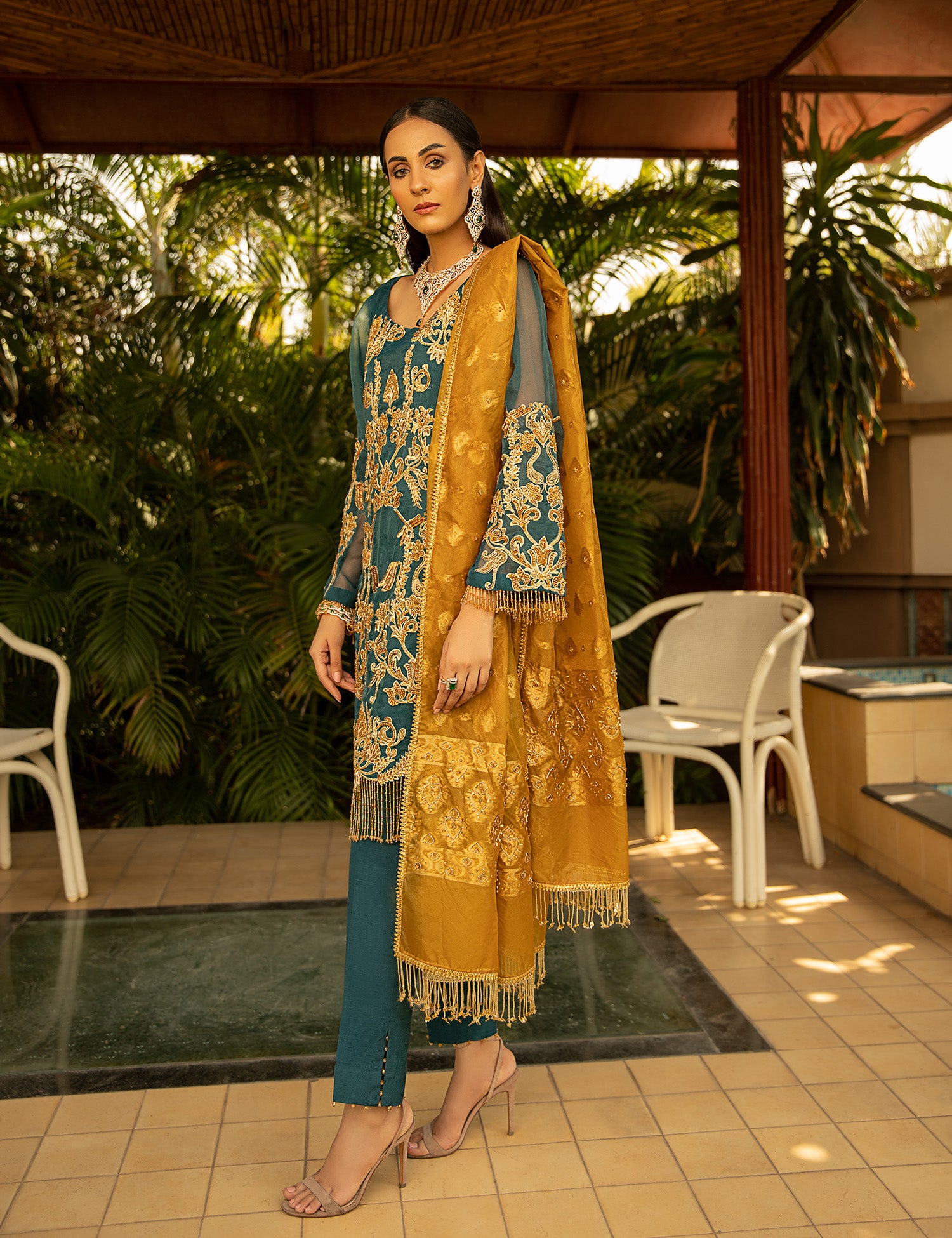 Pakistani Teal Blue Embroidered Organza Salwar Kameez (3-Piece) - Image 5