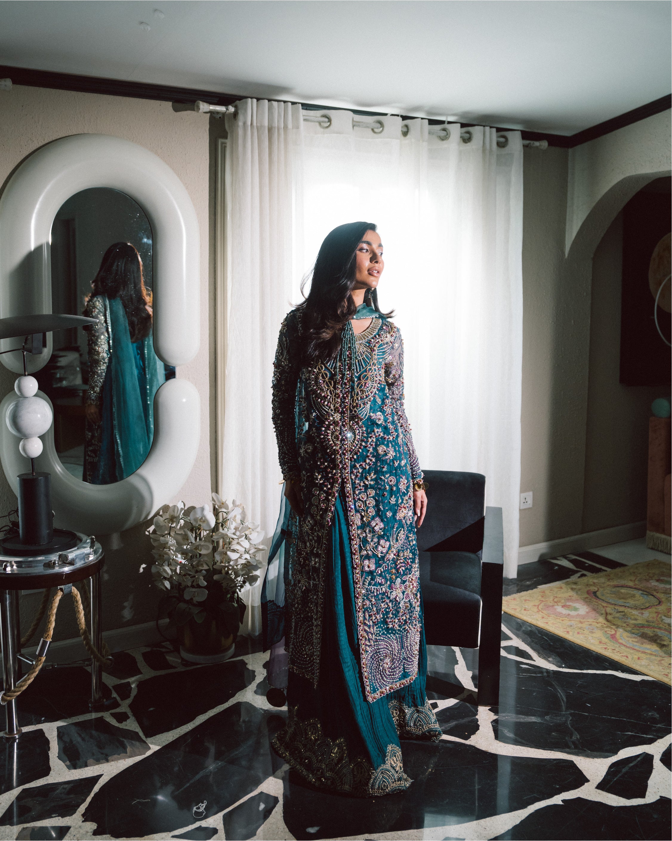 Teal Blue Embroidered Organza & Raw Silk Salwar Kameez (3-Piece) - Image 1