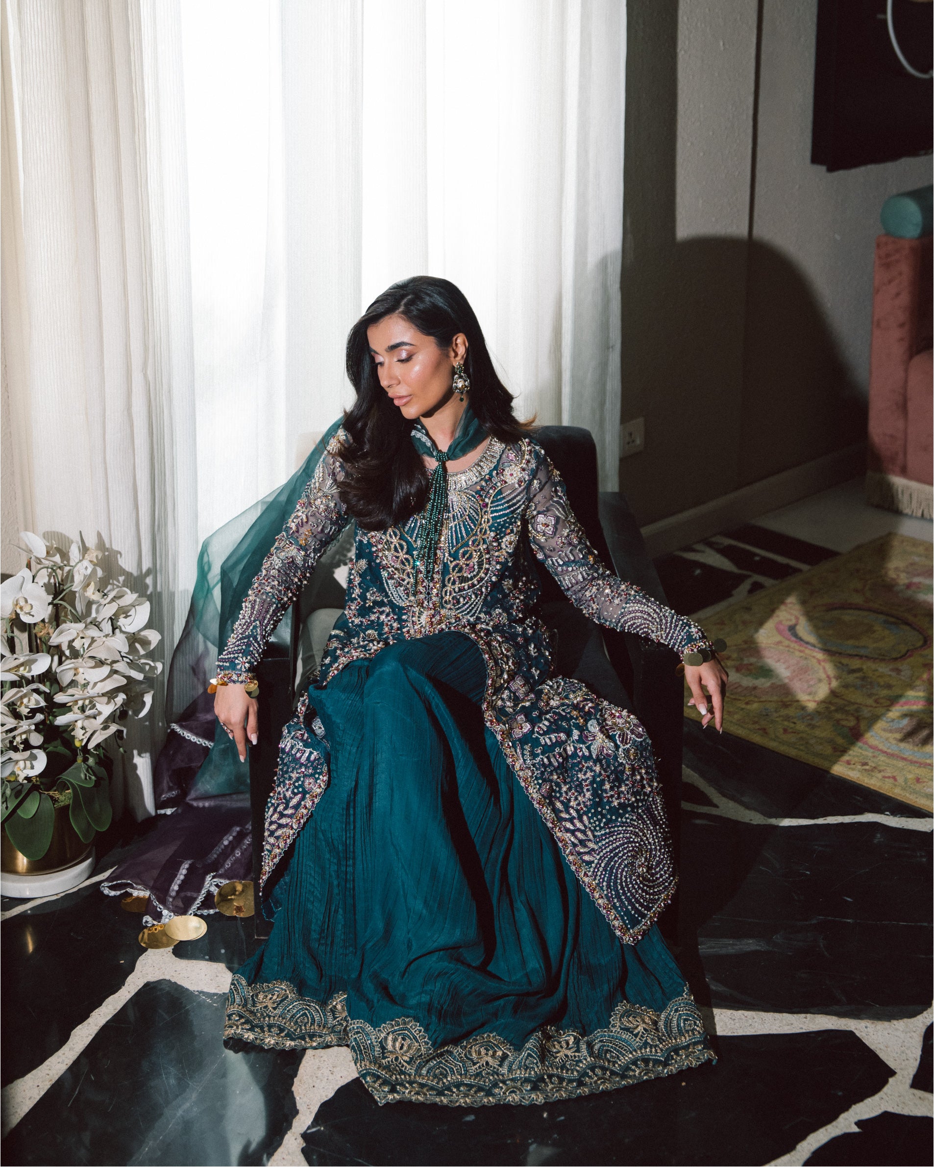 Teal Blue Embroidered Organza & Raw Silk Salwar Kameez (3-Piece) - Image 2