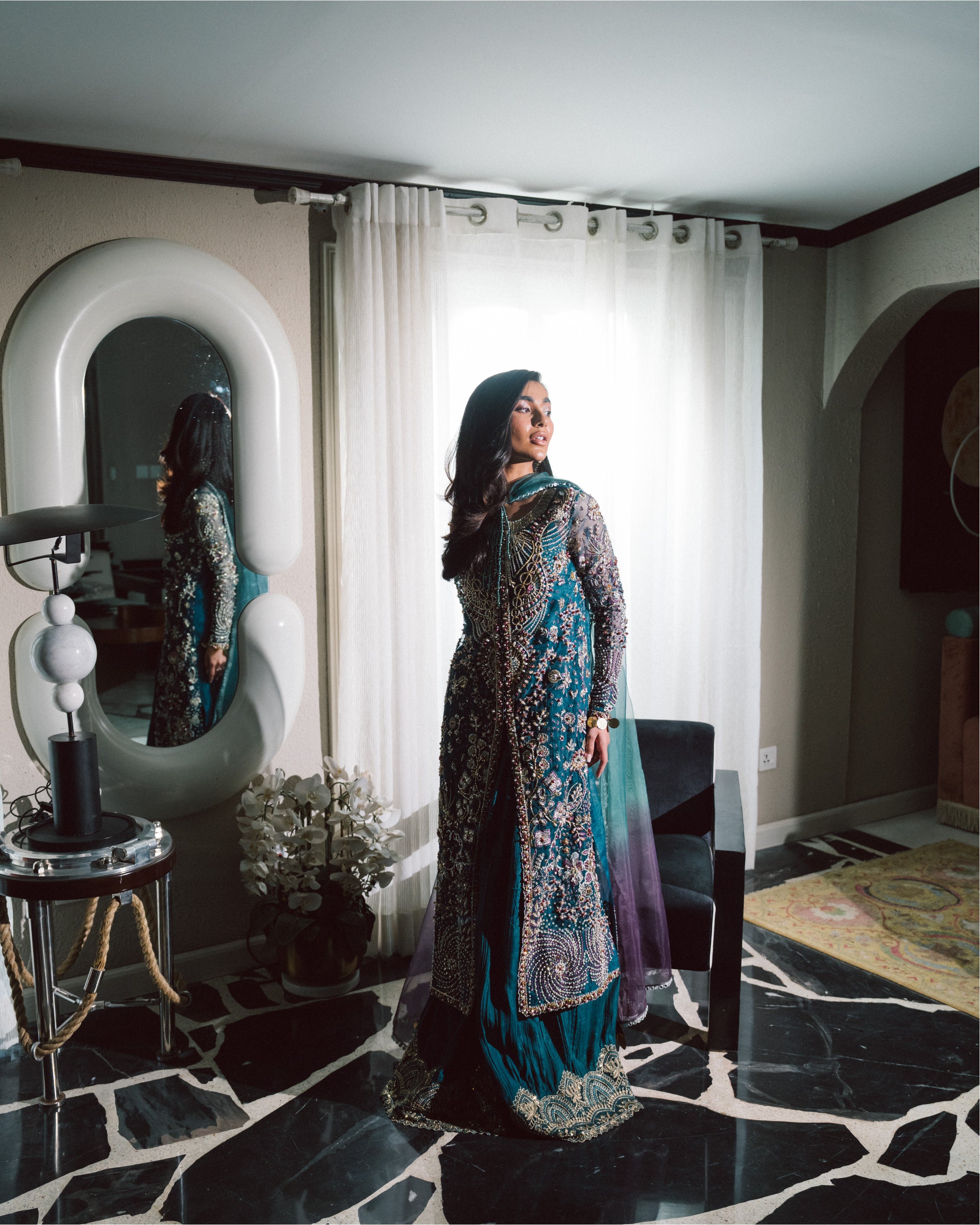 Teal Blue Embroidered Organza & Raw Silk Salwar Kameez (3-Piece) - Image 3