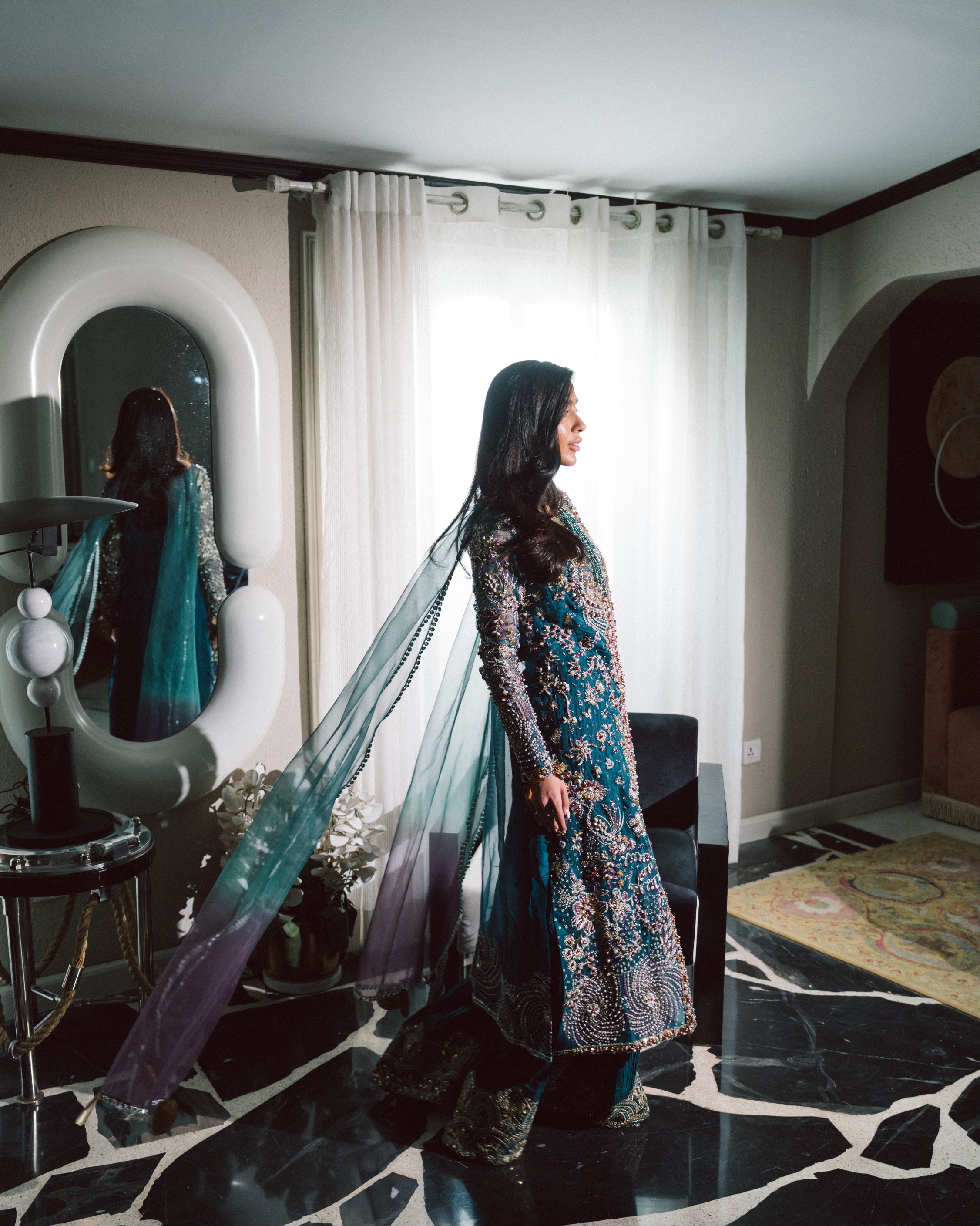 Teal Blue Embroidered Organza & Raw Silk Salwar Kameez (3-Piece) - Image 4