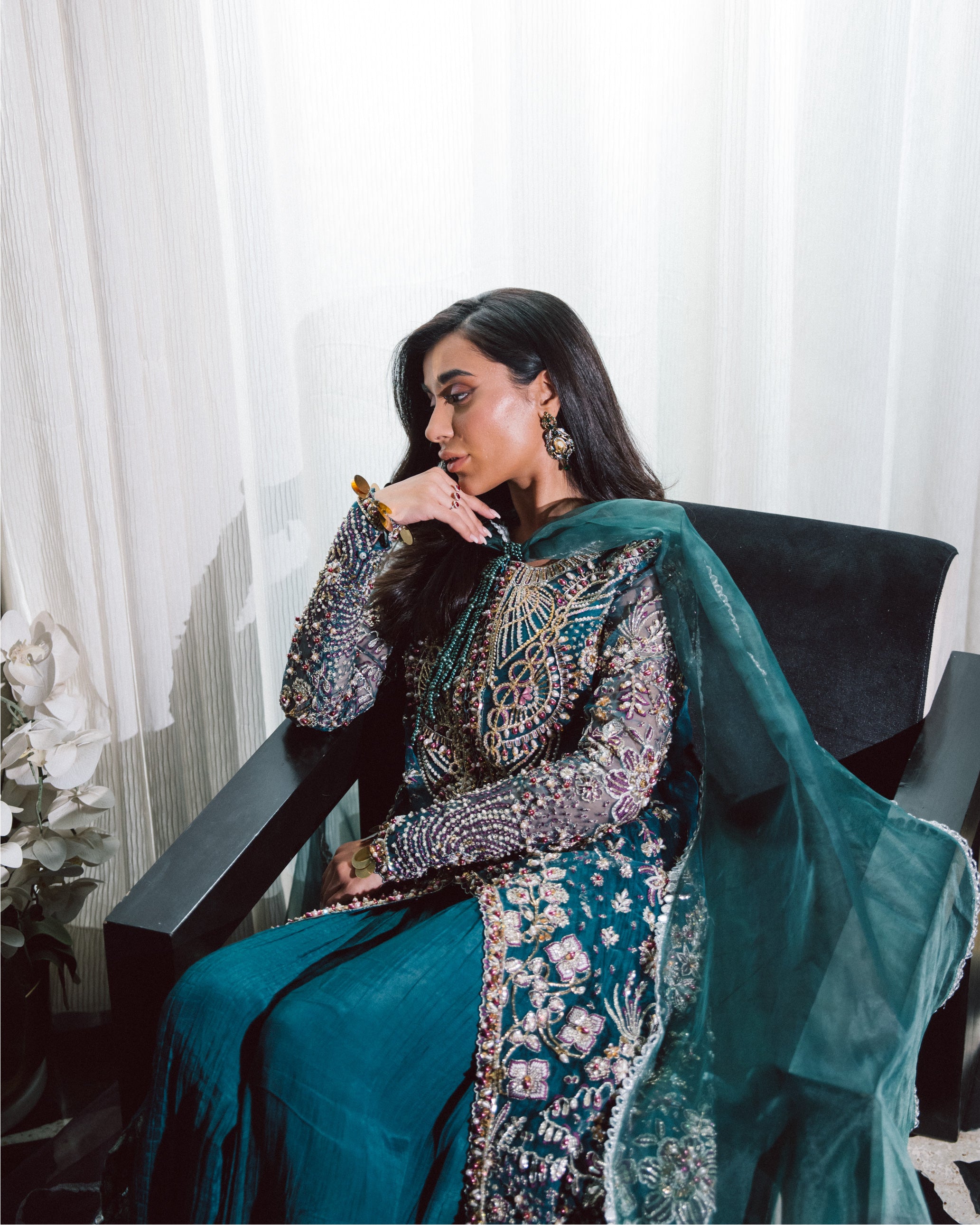 Teal Blue Embroidered Organza & Raw Silk Salwar Kameez (3-Piece) - Image 5
