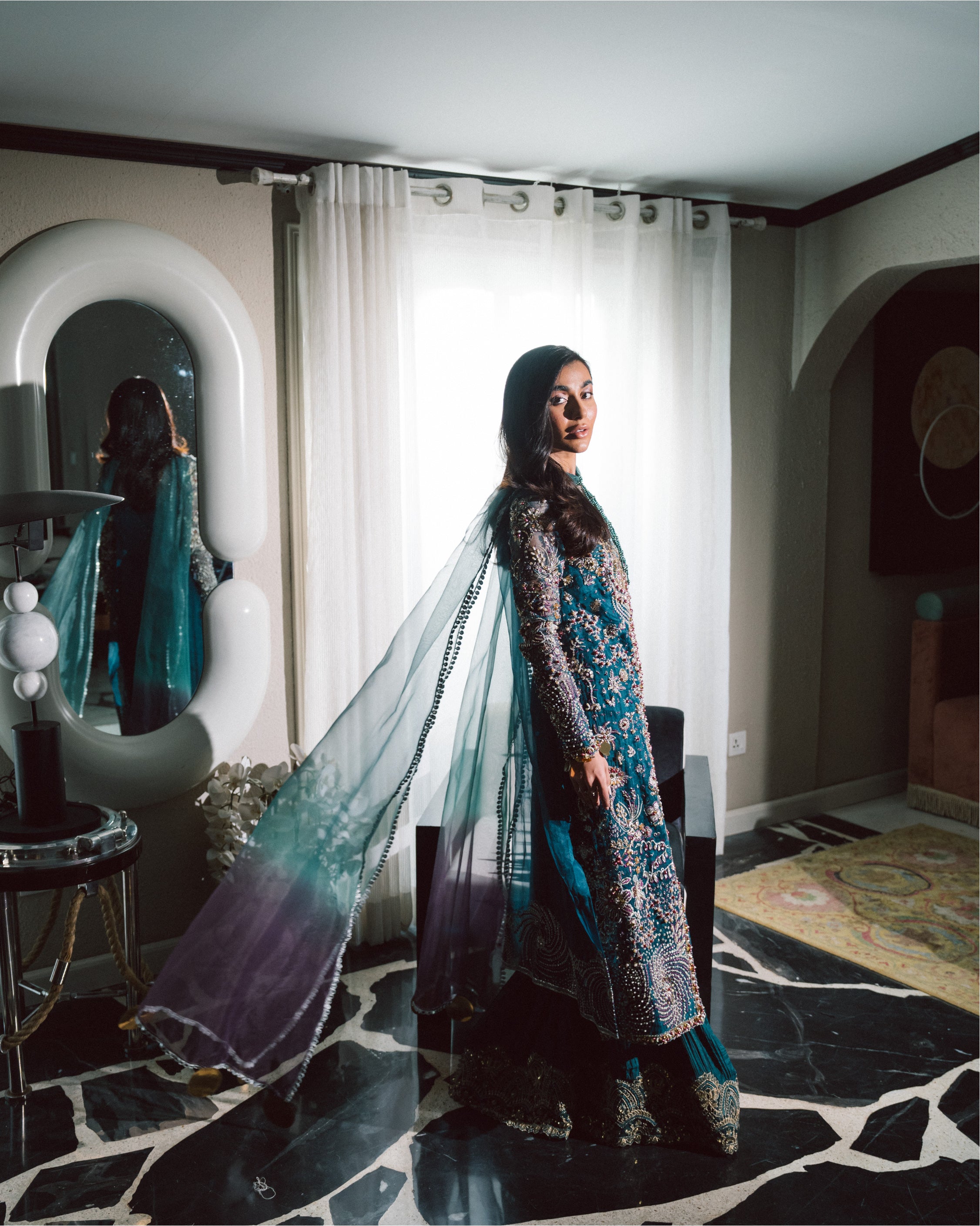 Teal Blue Embroidered Organza & Raw Silk Salwar Kameez (3-Piece) - Image 6