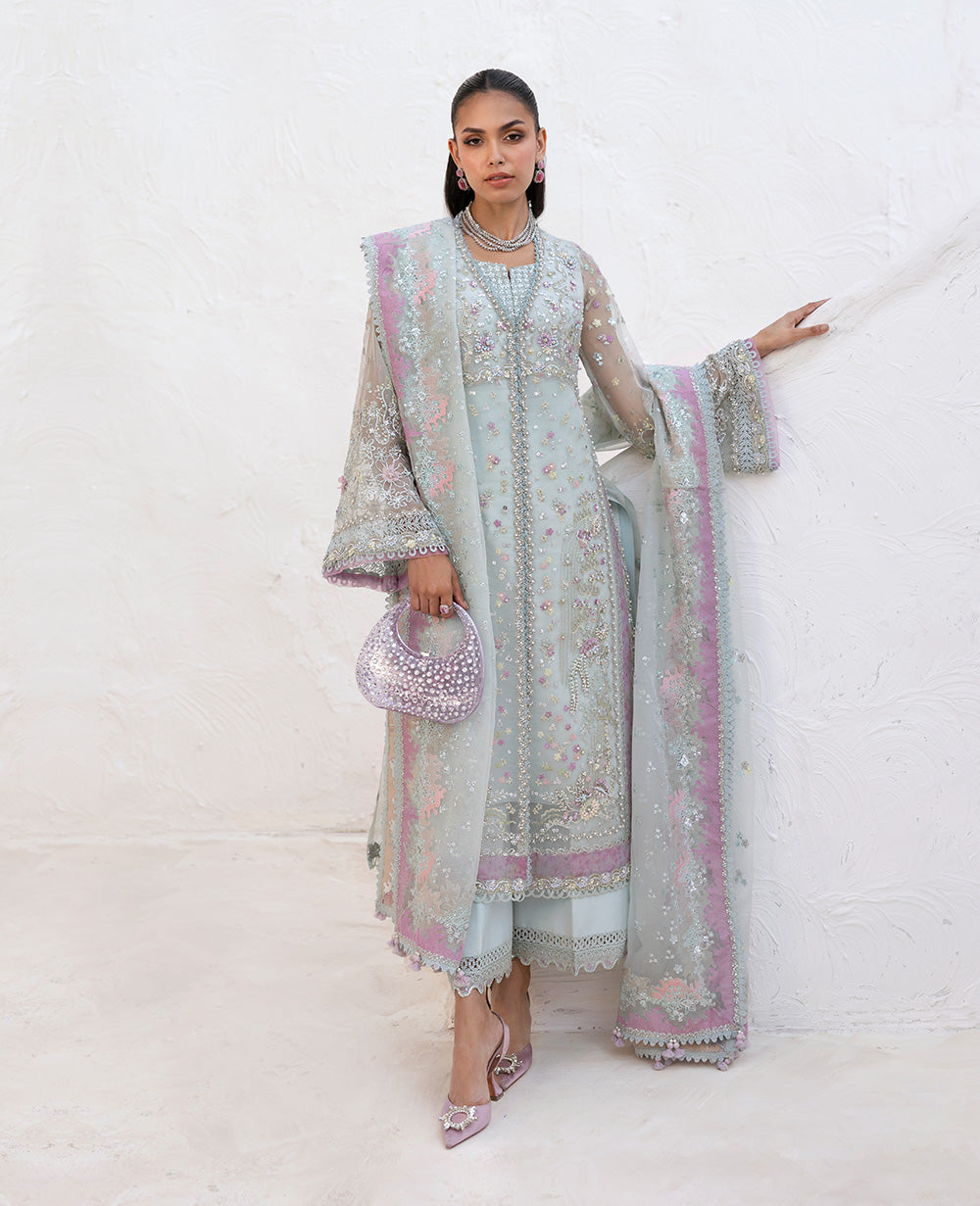Aqua Embroidered Organza Salwar Kameez (3-Piece) - Image 2