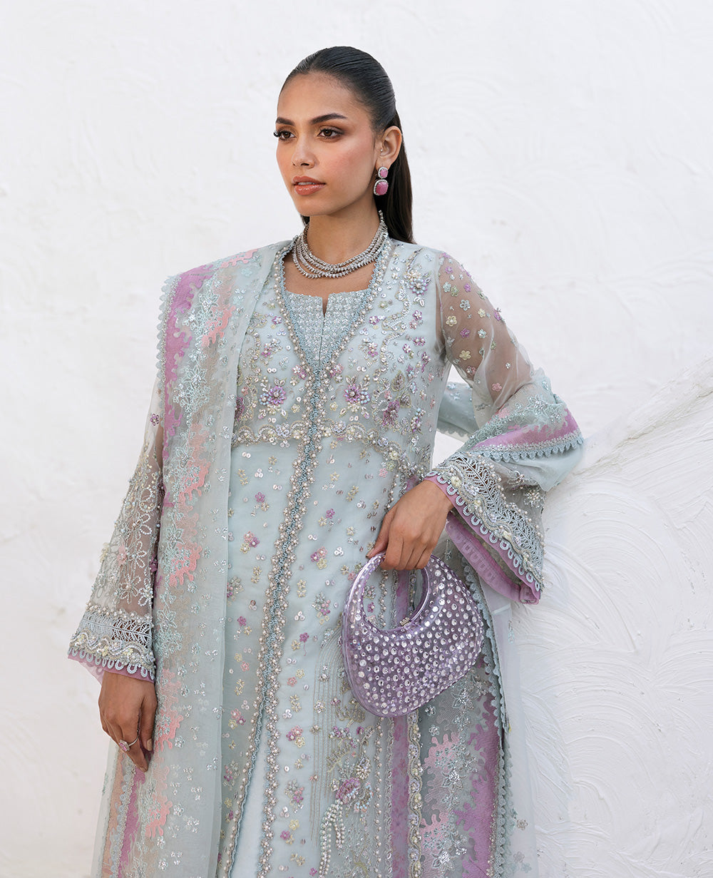 Aqua Embroidered Organza Salwar Kameez (3-Piece) - Image 3