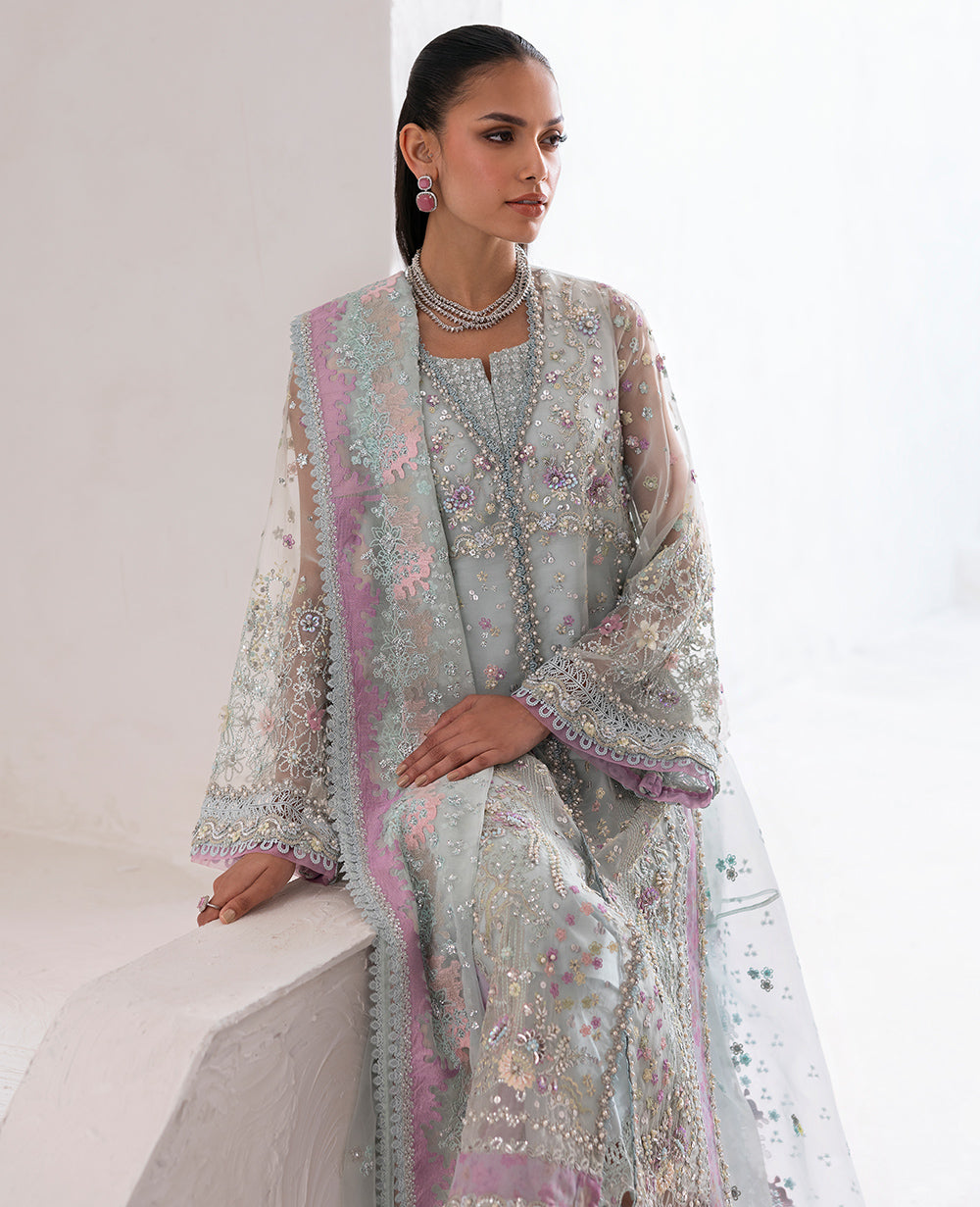 Aqua Embroidered Organza Salwar Kameez (3-Piece) - Image 4