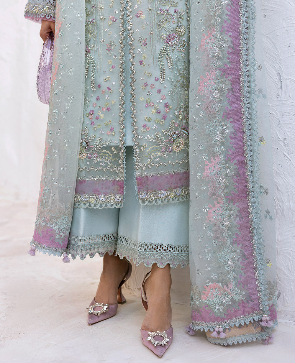 Aqua Embroidered Organza Salwar Kameez (3-Piece) - Image 6
