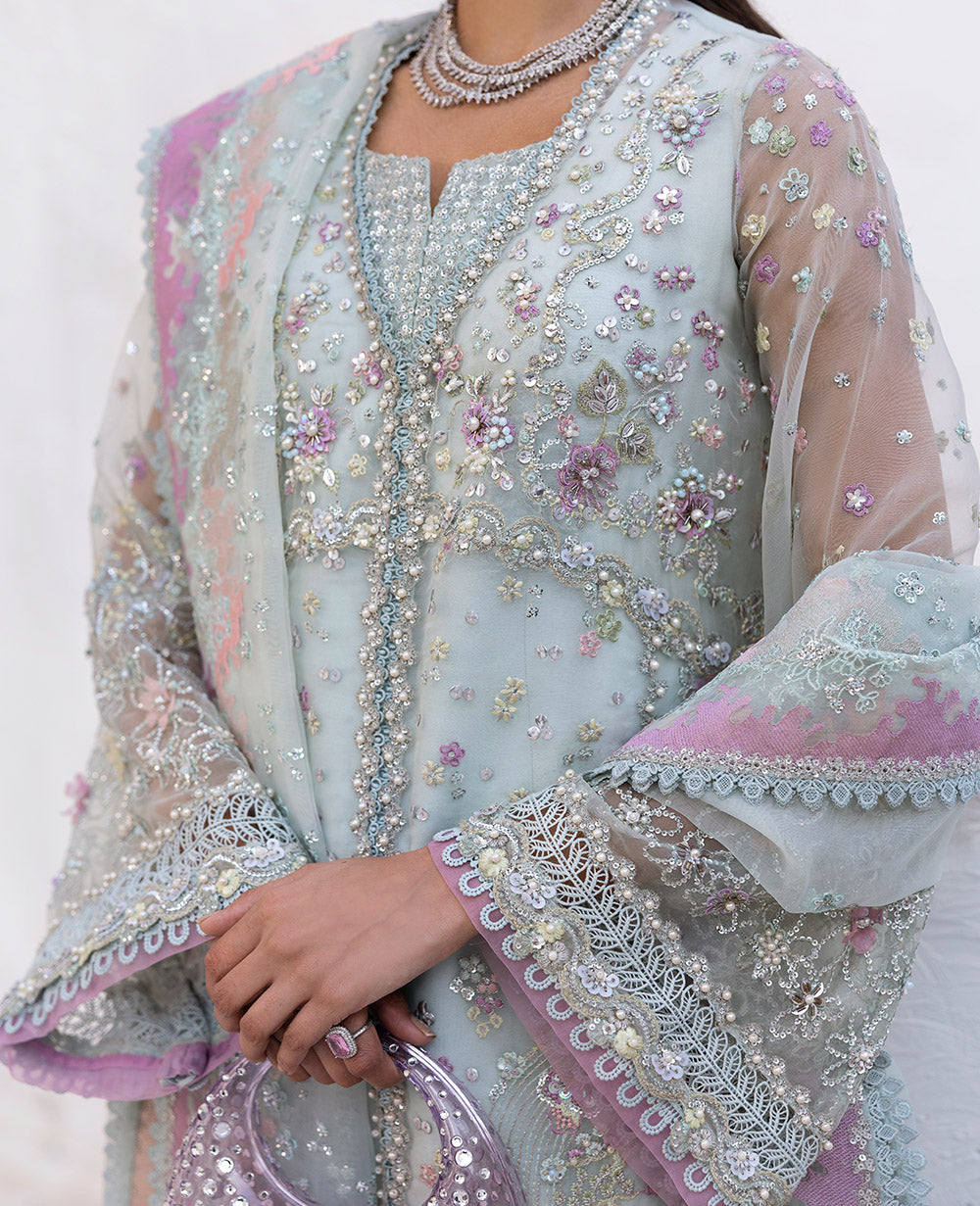 Aqua Embroidered Organza Salwar Kameez (3-Piece) - Image 7