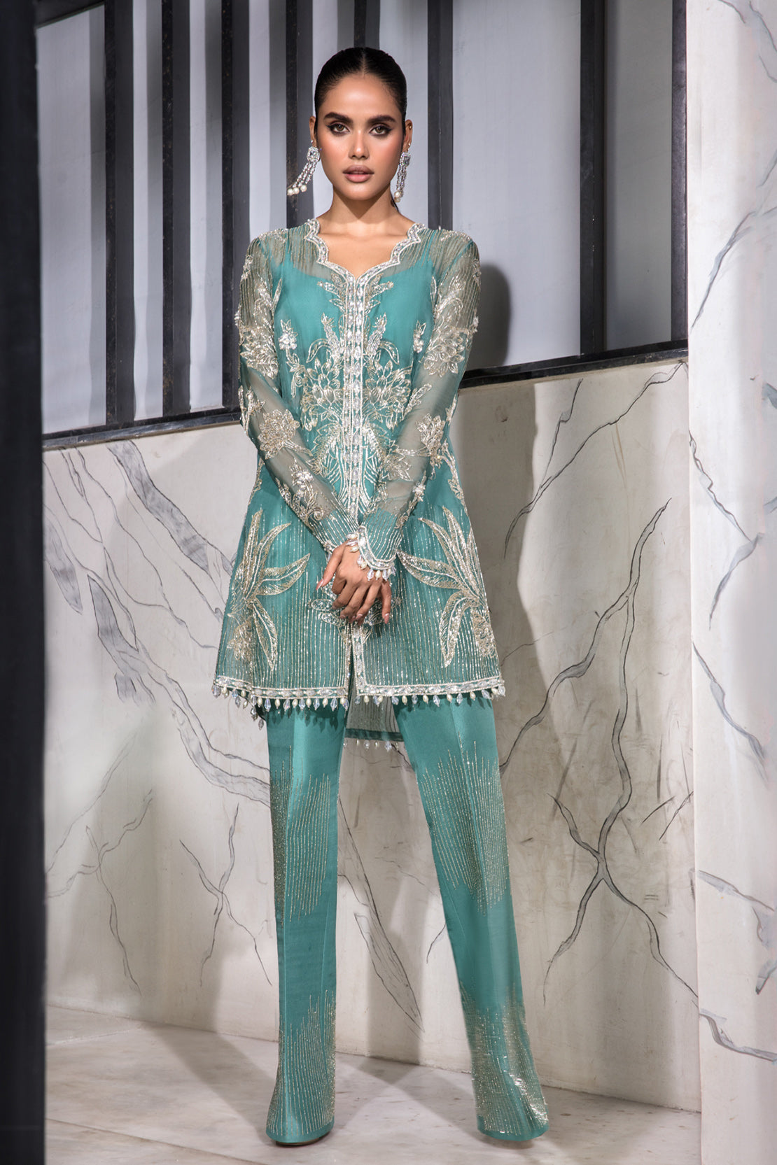 Pakistani Teal Blue Embellished Organza Salwar Kameez (2-Piece) - Image 1