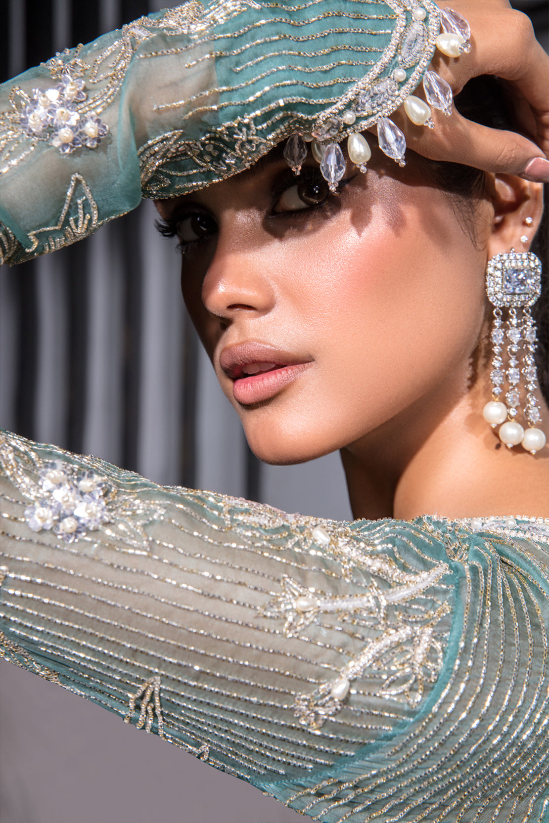 Pakistani Teal Blue Embellished Organza Salwar Kameez (2-Piece) - Image 2