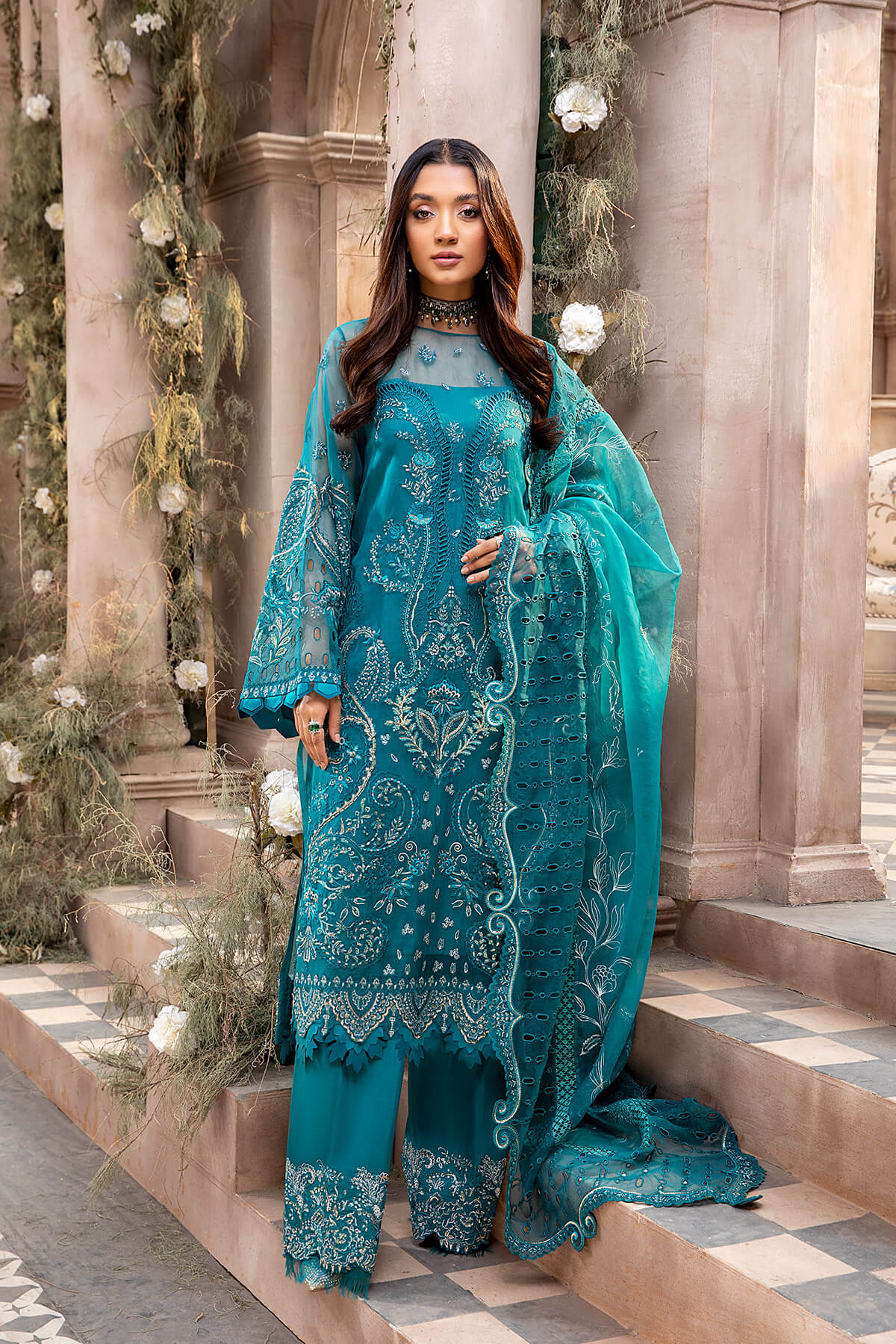 Teal Embroidered Organza & Silk Salwar Kameez (3-Piece) - Image 1