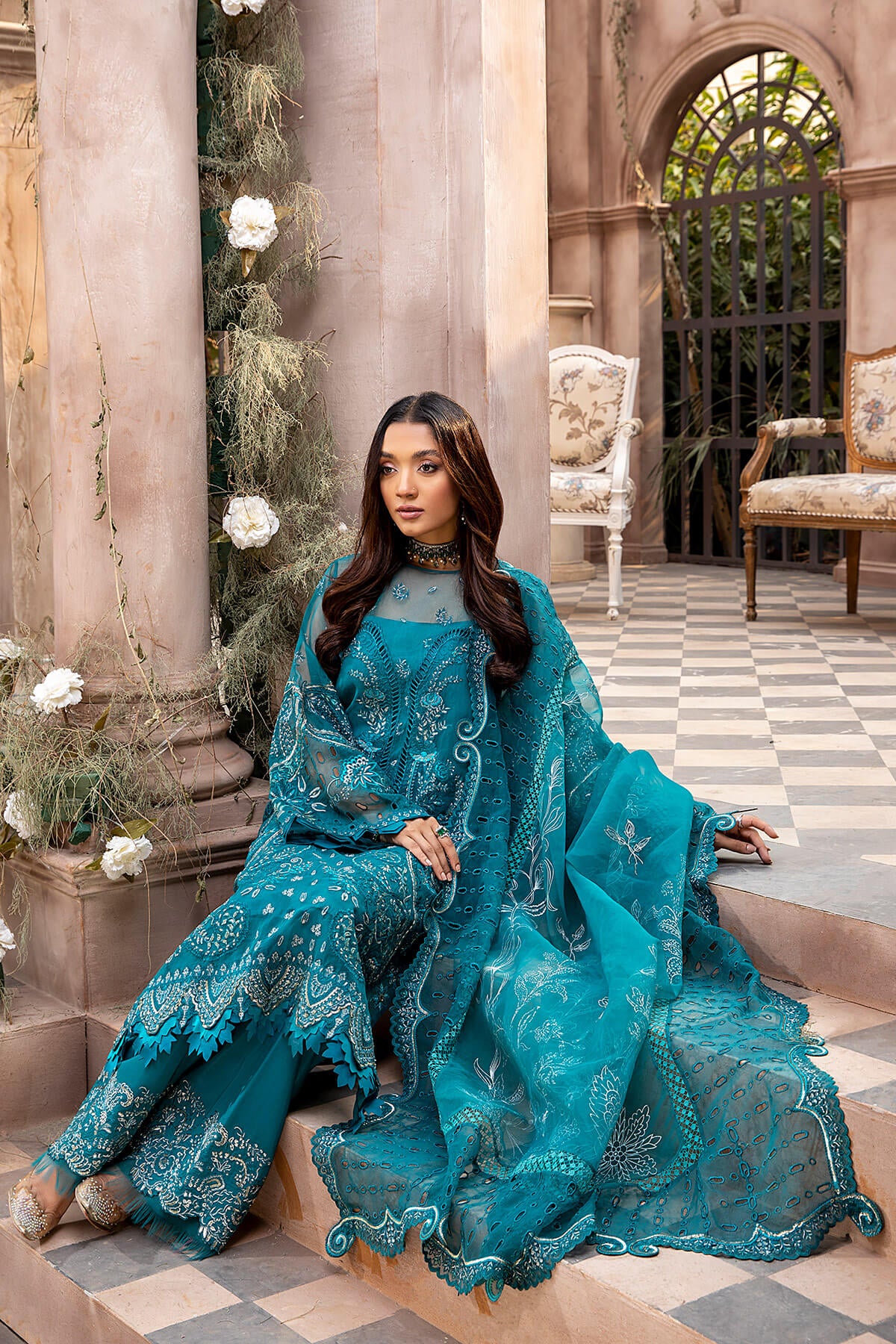 Teal Embroidered Organza & Silk Salwar Kameez (3-Piece) - Image 2