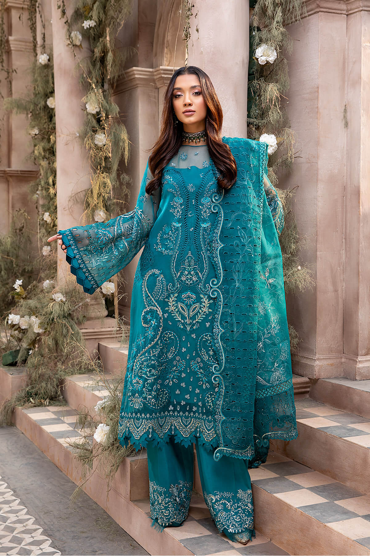 Teal Embroidered Organza & Silk Salwar Kameez (3-Piece) - Image 3