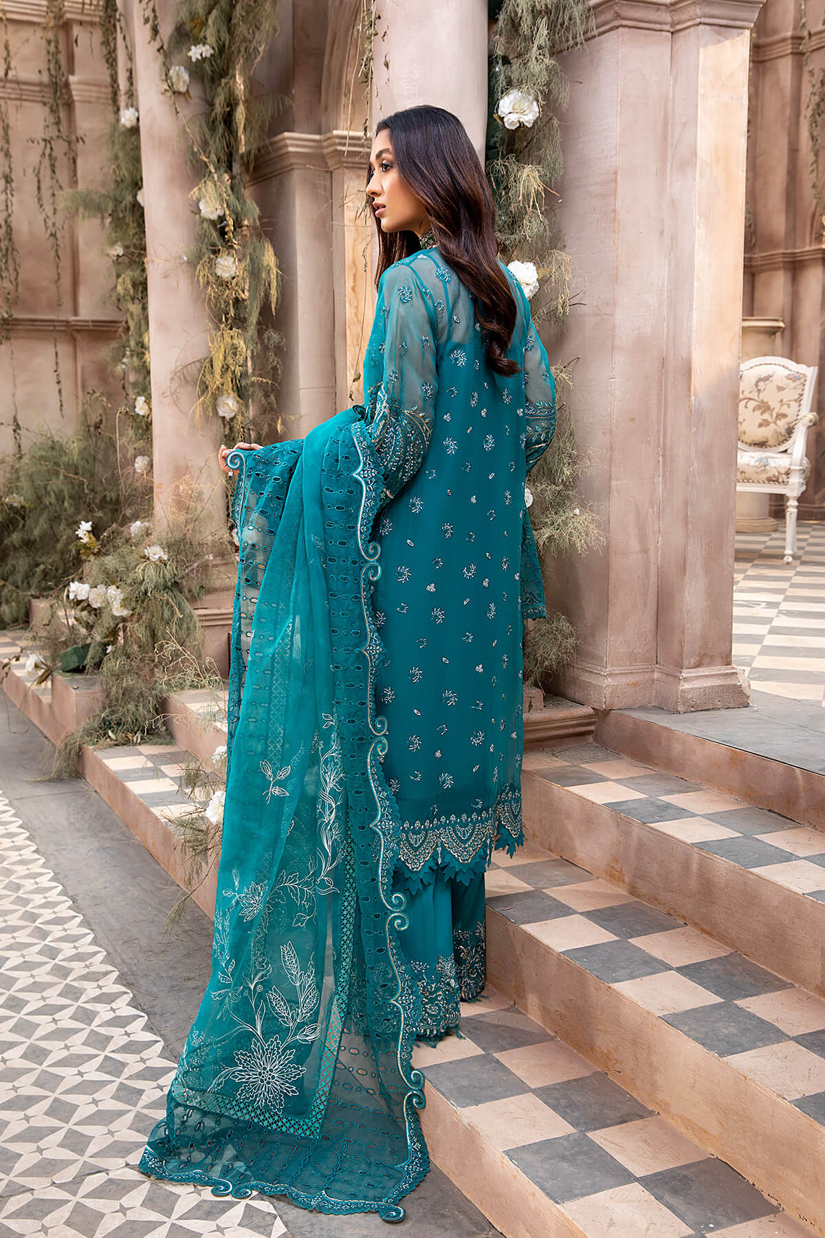Teal Embroidered Organza & Silk Salwar Kameez (3-Piece) - Image 4