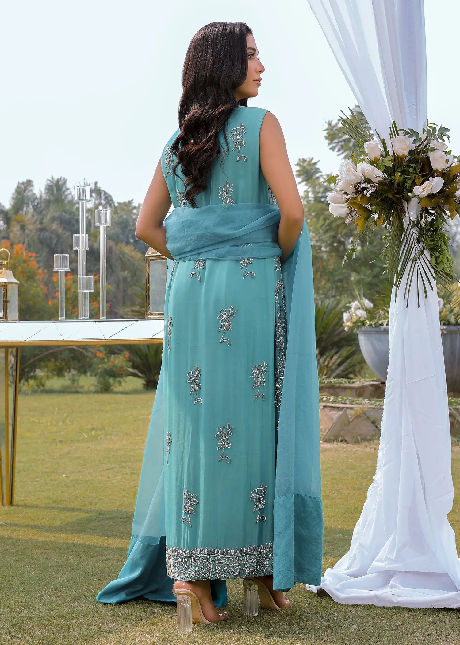 Pakistani Teal Jeweled Embellished Silk Salwar Kameez (3-Piece) - Image 2