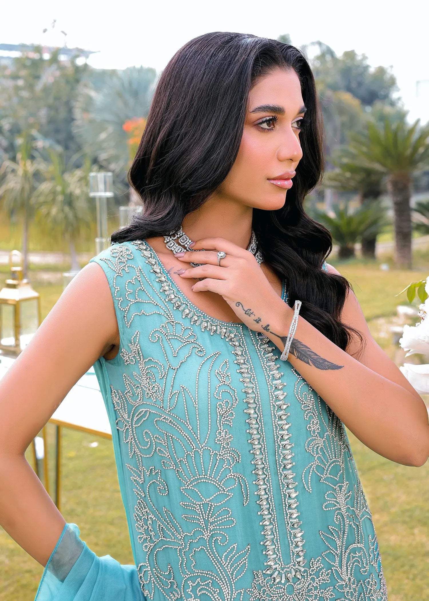 Pakistani Teal Jeweled Embellished Silk Salwar Kameez (3-Piece) - Image 3