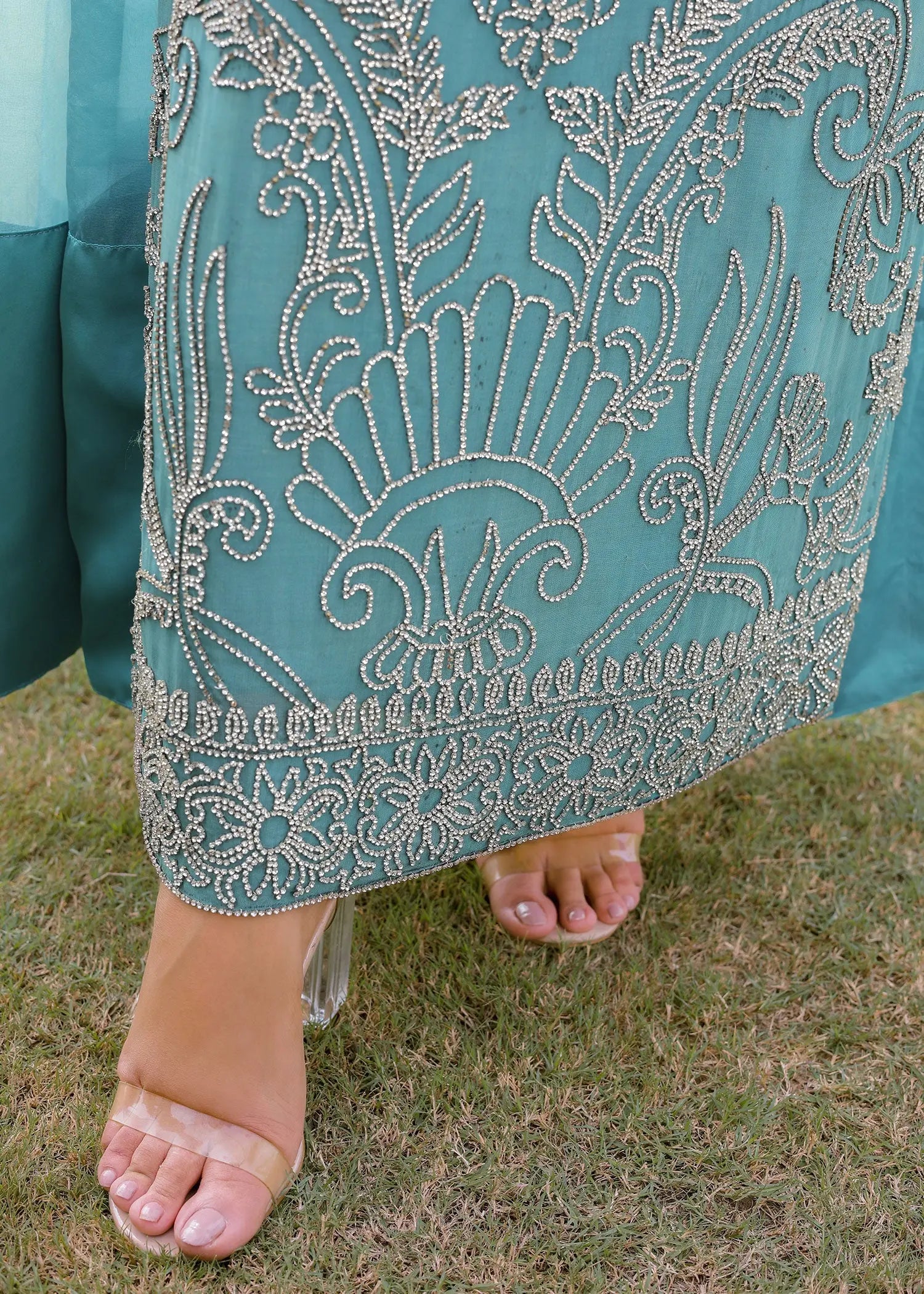 Pakistani Teal Jeweled Embellished Silk Salwar Kameez (3-Piece) - Image 7