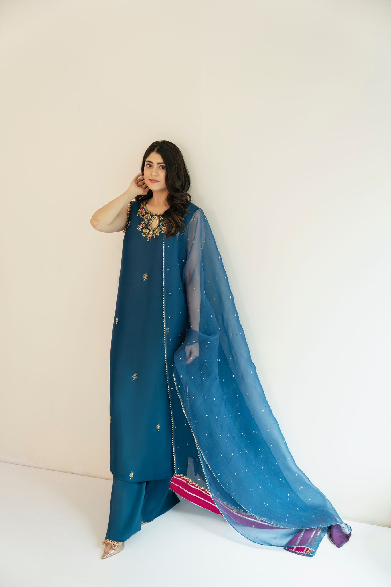 Teal Blue Embroidered Raw Silk Salwar Kameez (3-Piece) - Image 1