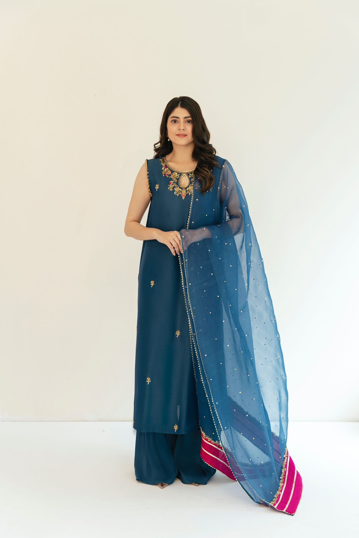 Teal Blue Embroidered Raw Silk Salwar Kameez (3-Piece) - Image 3