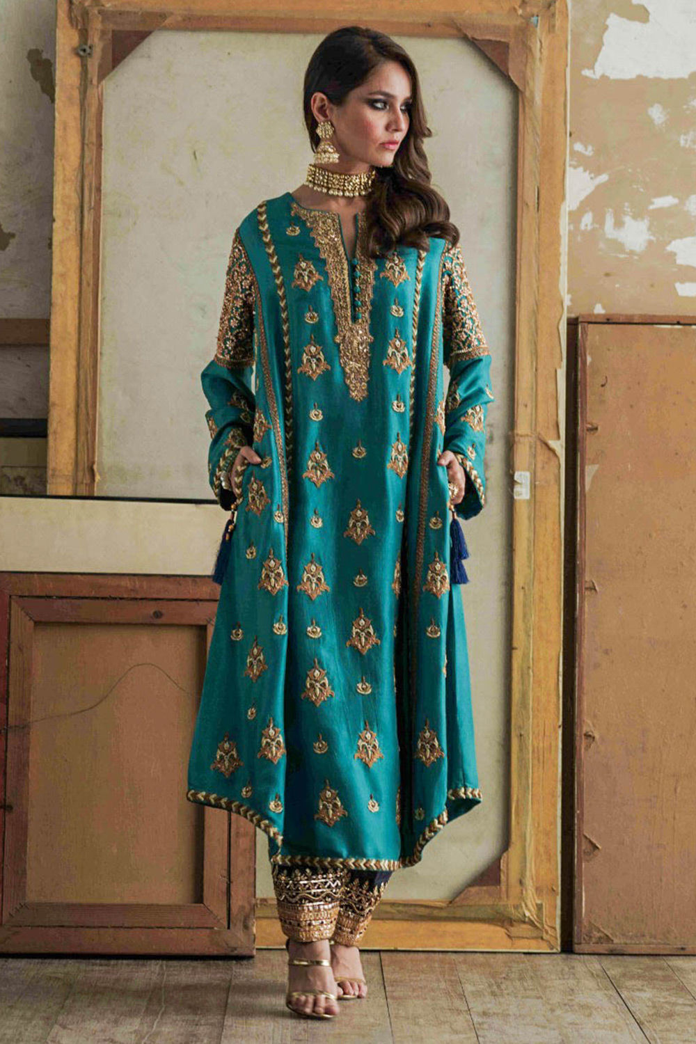 Teal Gota Maroree Pure Raw Silk Salwar Kameez (3-Piece) - Image 1