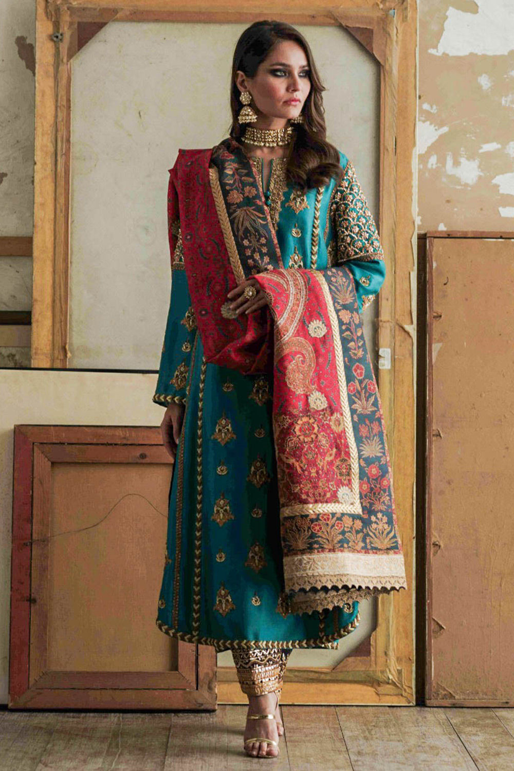 Teal Gota Maroree Pure Raw Silk Salwar Kameez (3-Piece) - Image 2