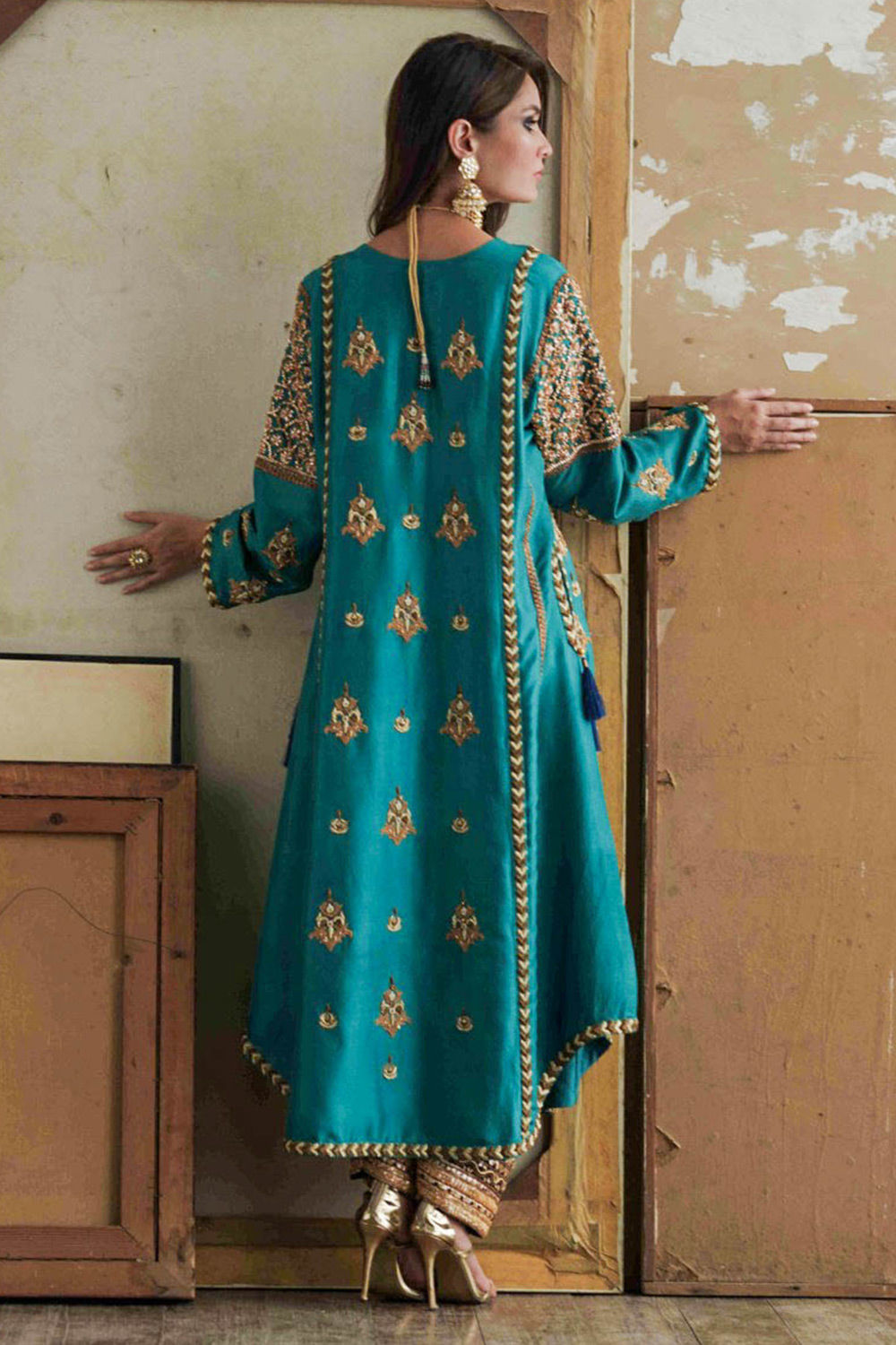 Teal Gota Maroree Pure Raw Silk Salwar Kameez (3-Piece) - Image 3