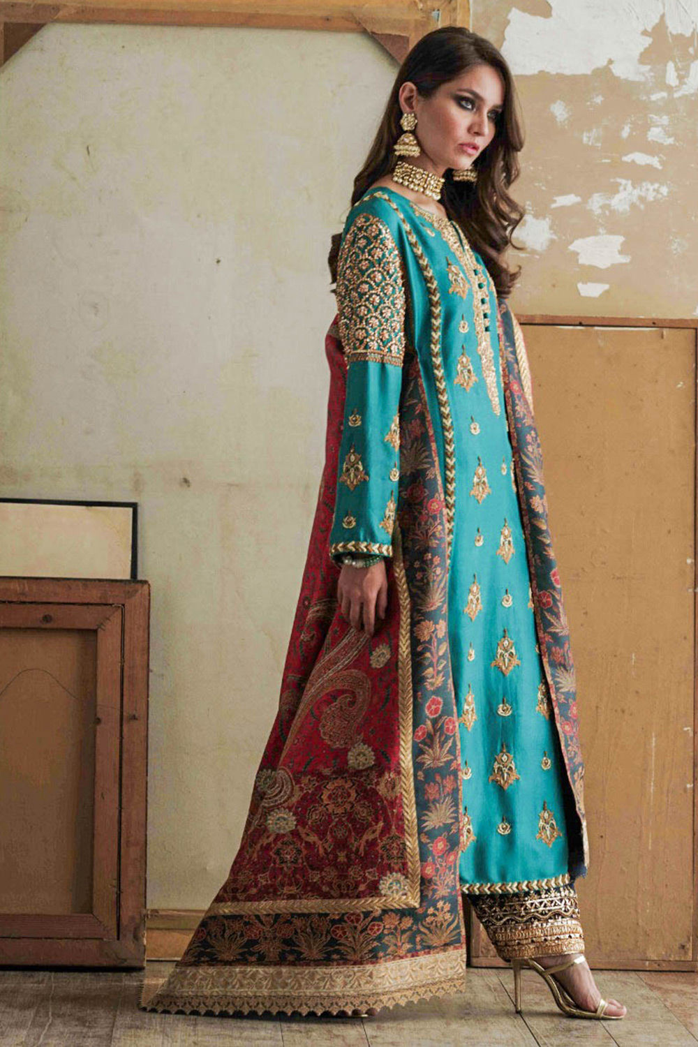 Teal Gota Maroree Pure Raw Silk Salwar Kameez (3-Piece) - Image 4