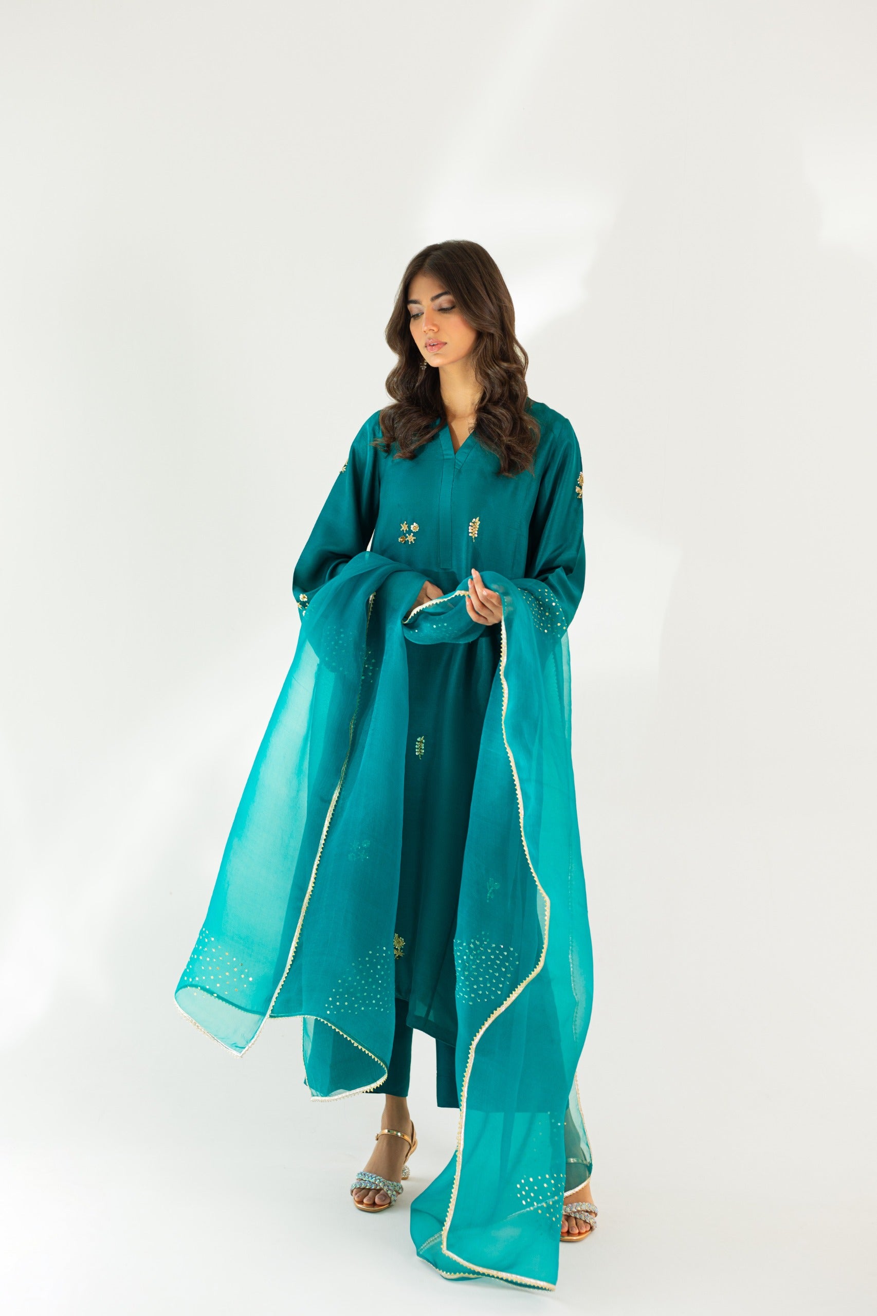 Pakistani Teal Embroidered Pure Raw Silk Kameez Set (3-Piece) - Image 1