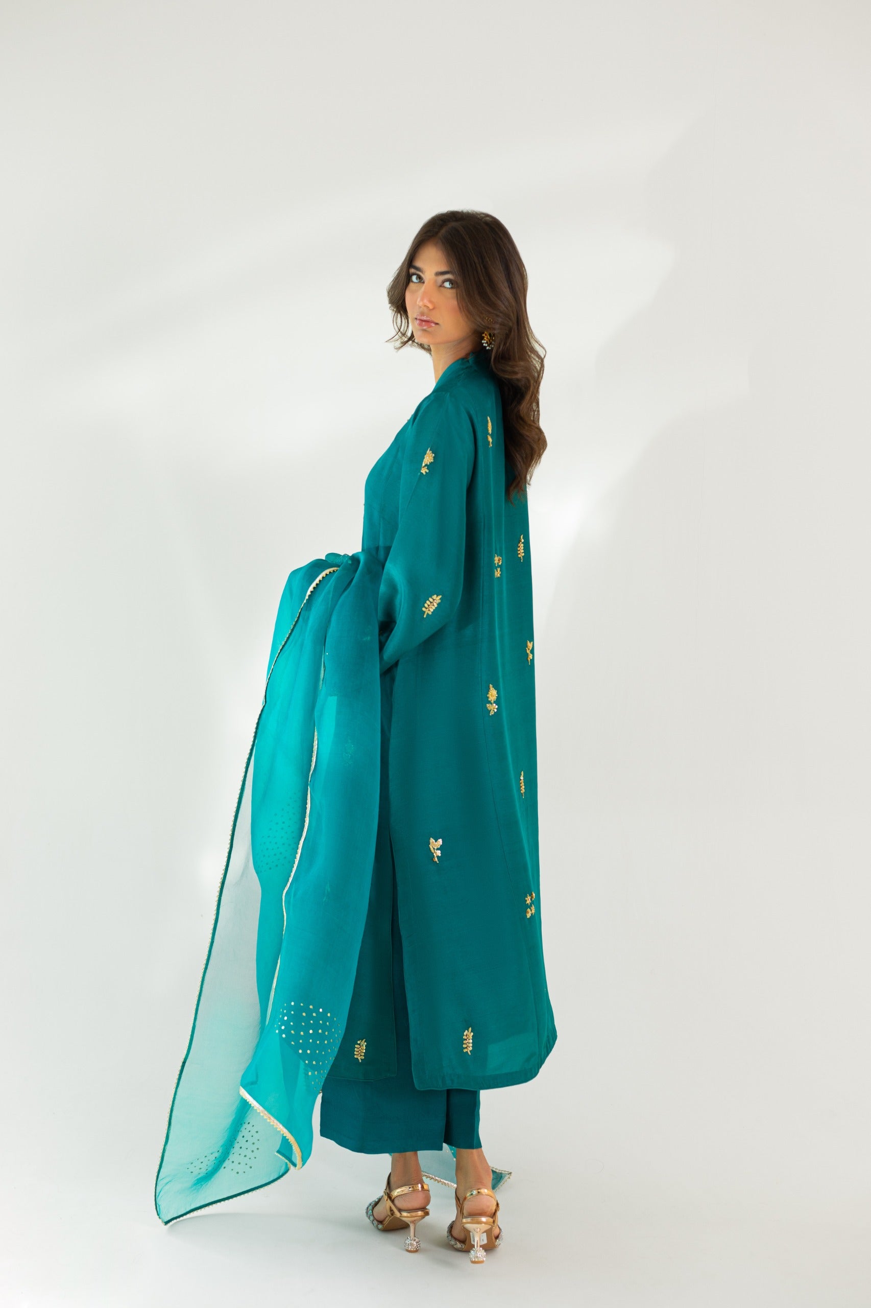 Pakistani Teal Embroidered Pure Raw Silk Kameez Set (3-Piece) - Image 2