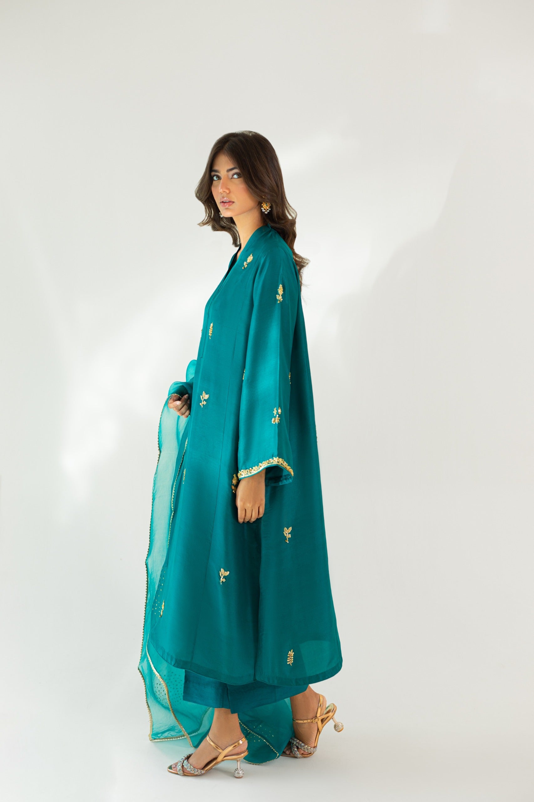 Pakistani Teal Embroidered Pure Raw Silk Kameez Set (3-Piece) - Image 3