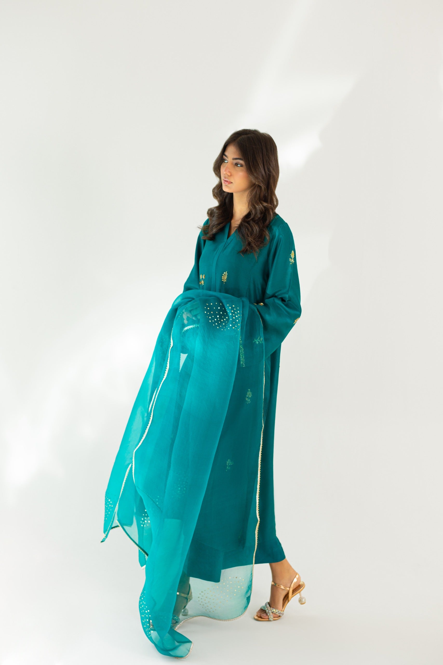 Pakistani Teal Embroidered Pure Raw Silk Kameez Set (3-Piece) - Image 4