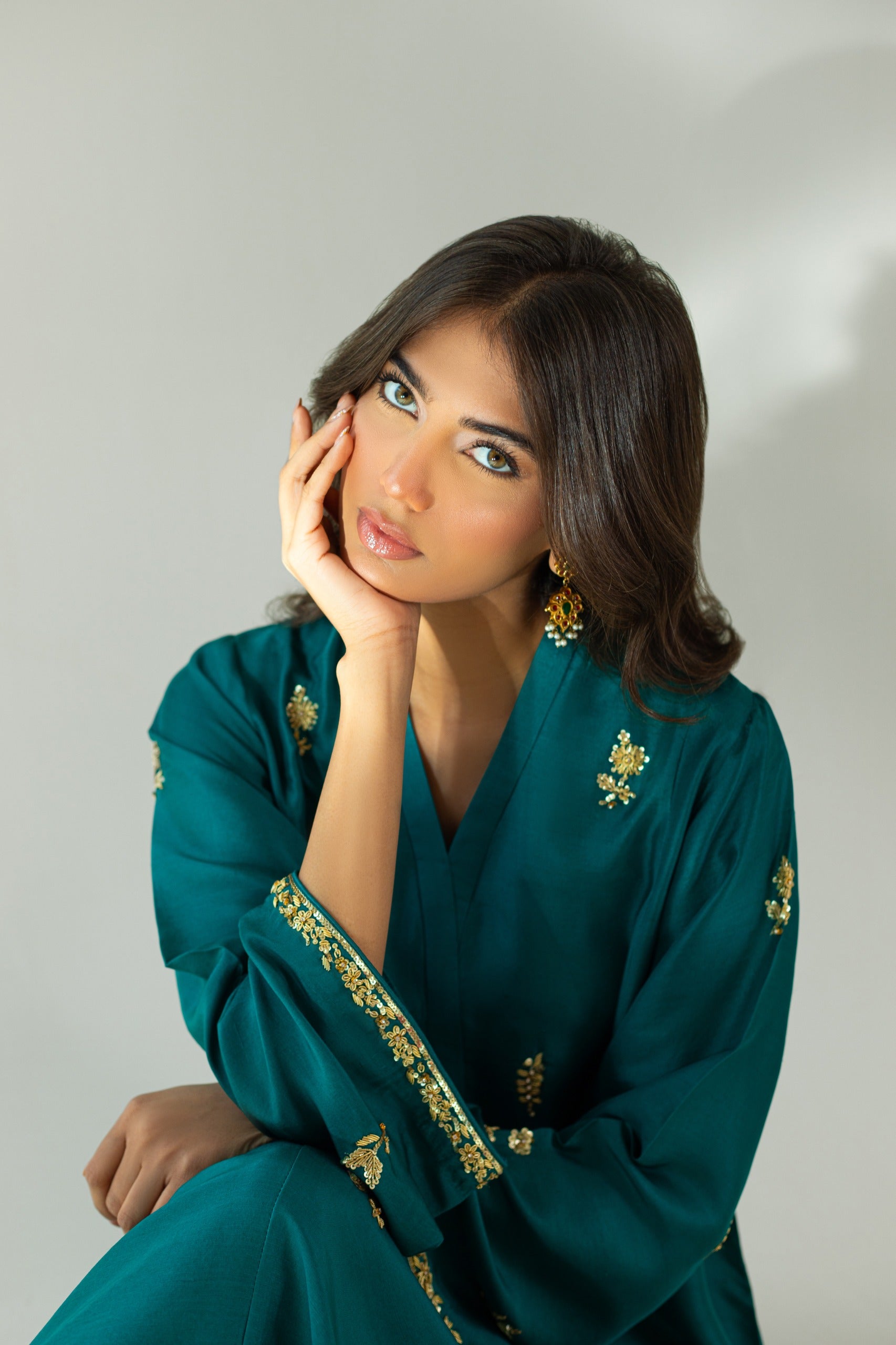 Pakistani Teal Embroidered Pure Raw Silk Kameez Set (3-Piece) - Image 5