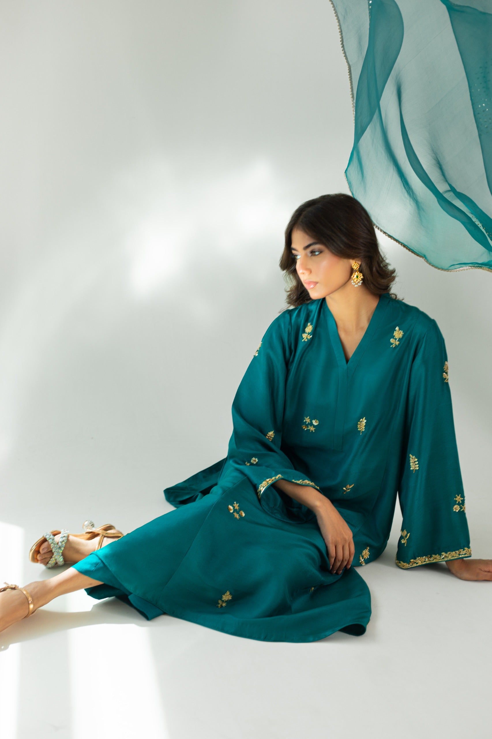 Pakistani Teal Embroidered Pure Raw Silk Kameez Set (3-Piece) - Image 6