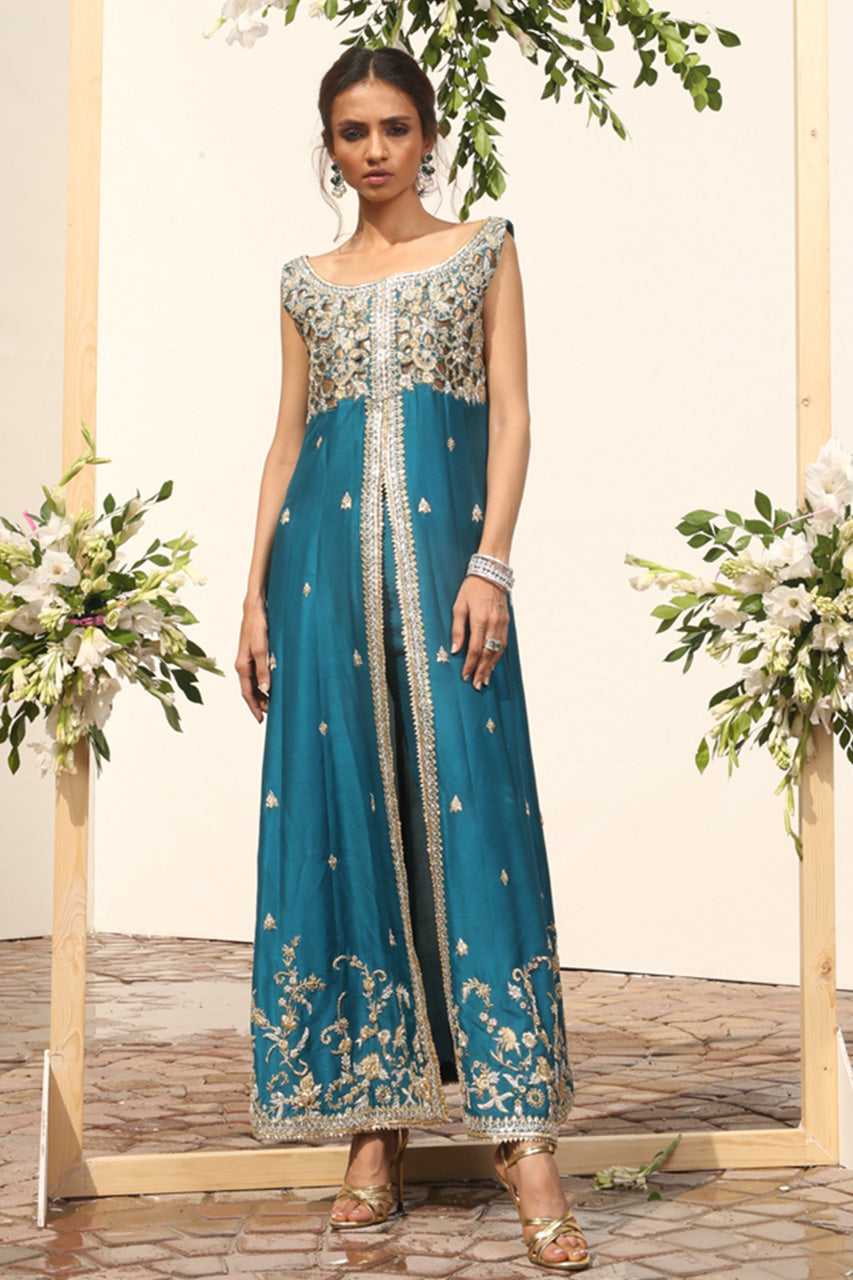 Pakistani Teal Hand-Embroidered Raw Silk Salwar Kameez (3-Piece) - Image 1