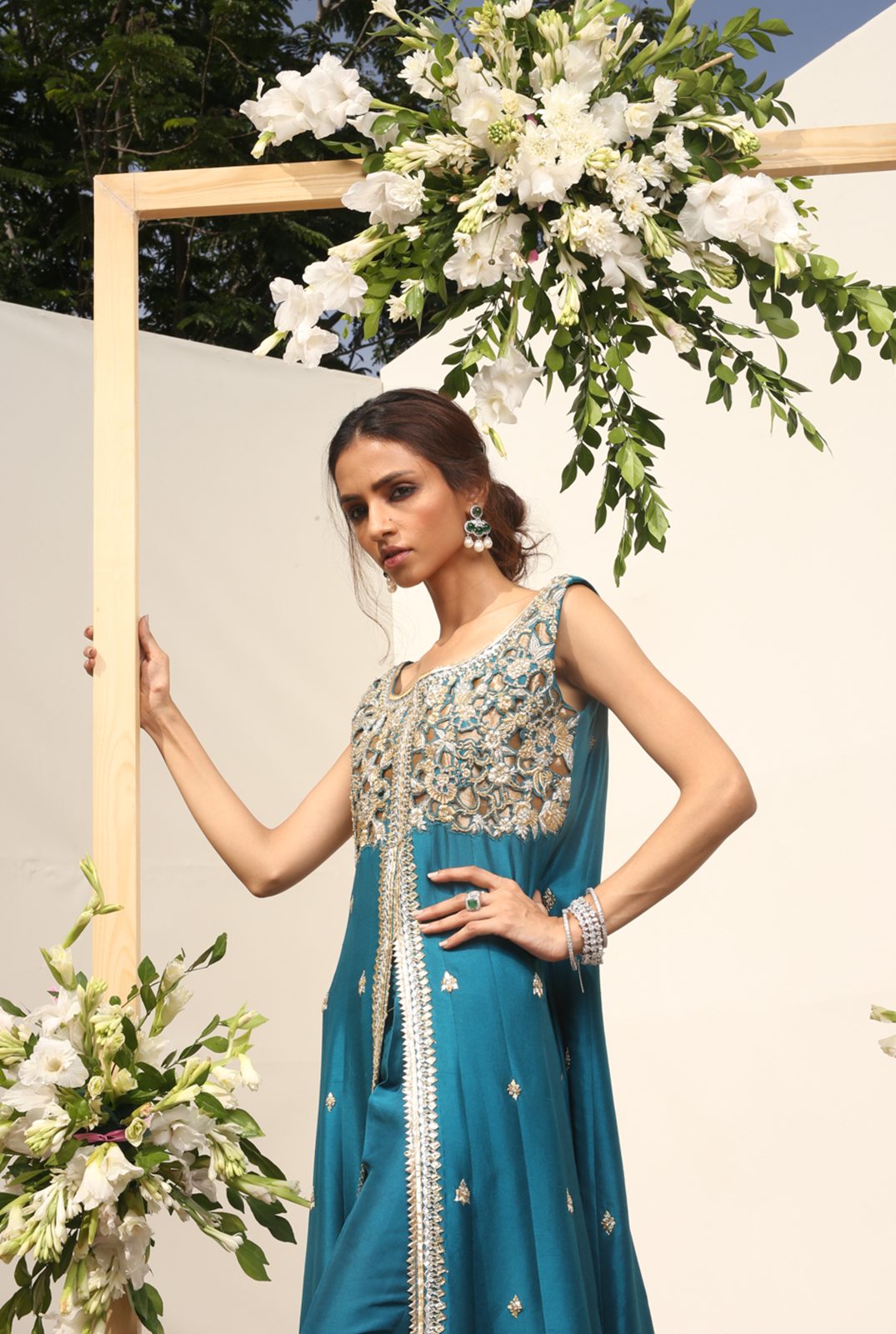 Pakistani Teal Hand-Embroidered Raw Silk Salwar Kameez (3-Piece) - Image 3