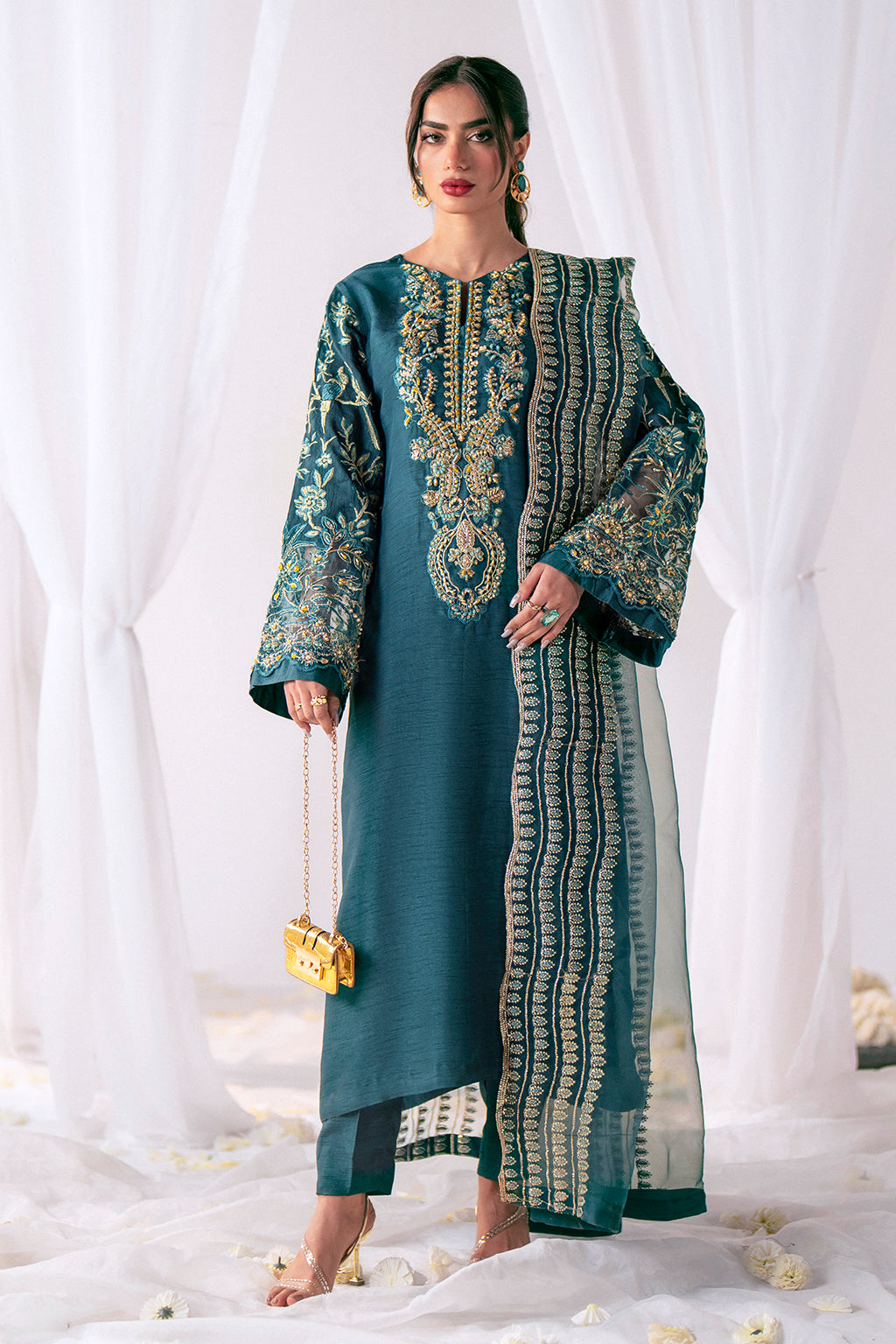 Teal Embroidered Korean Raw Silk Salwar Kameez (3-Piece) - Image 1
