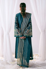 Teal Embroidered Korean Raw Silk Salwar Kameez (3-Piece) - Image 3