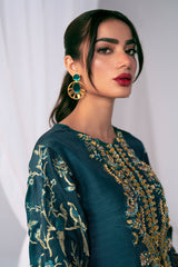 Teal Embroidered Korean Raw Silk Salwar Kameez (3-Piece) - Image 4