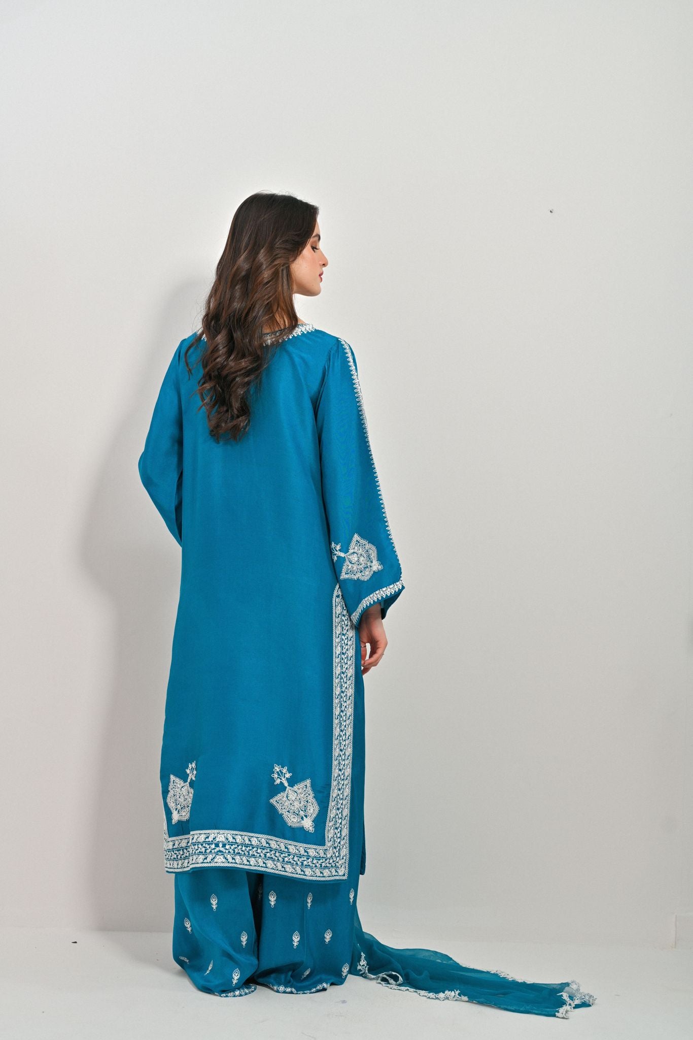 Pakistani Teal Kashmiri Stitch Raw Silk Salwar Kameez (3-Piece) - Image 3
