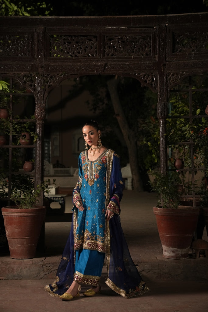 Pakistani Teal Kora Dabka Raw Silk Salwar Kameez (3-Piece) - Image 1