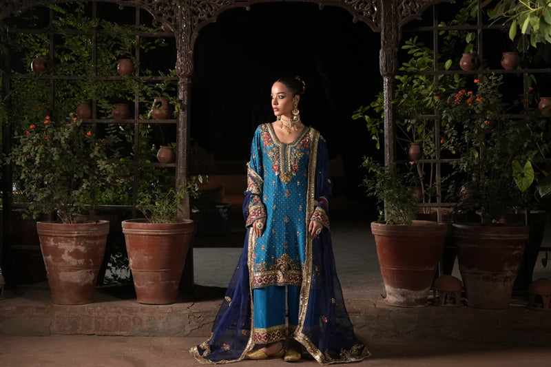 Pakistani Teal Kora Dabka Raw Silk Salwar Kameez (3-Piece) - Image 3