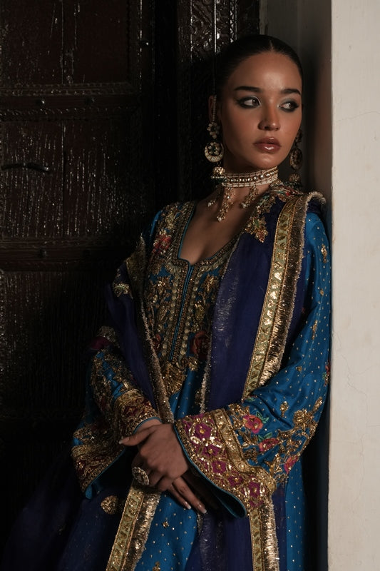 Pakistani Teal Kora Dabka Raw Silk Salwar Kameez (3-Piece) - Image 5